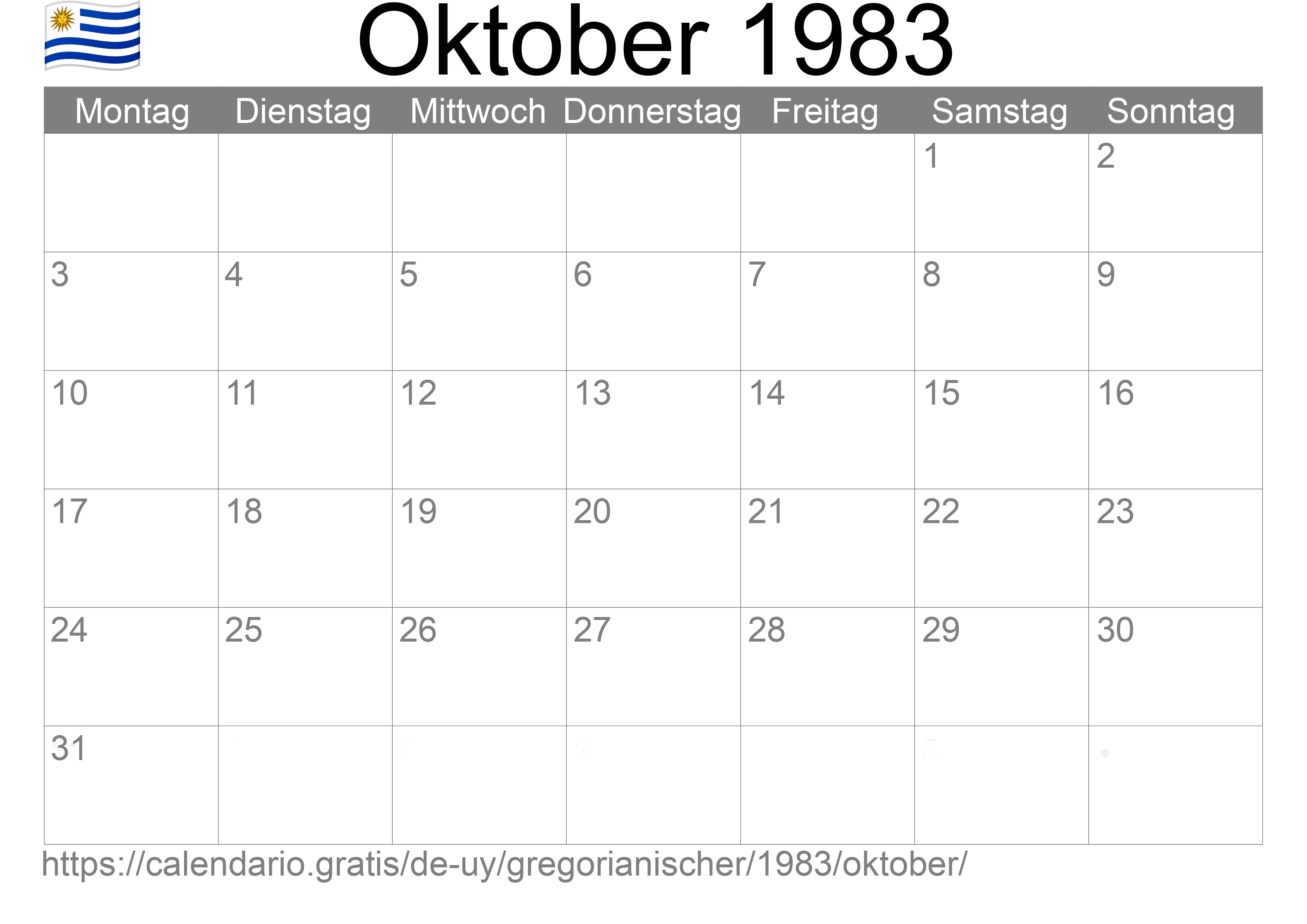 Kalender Oktober 1983 zum Ausdrucken