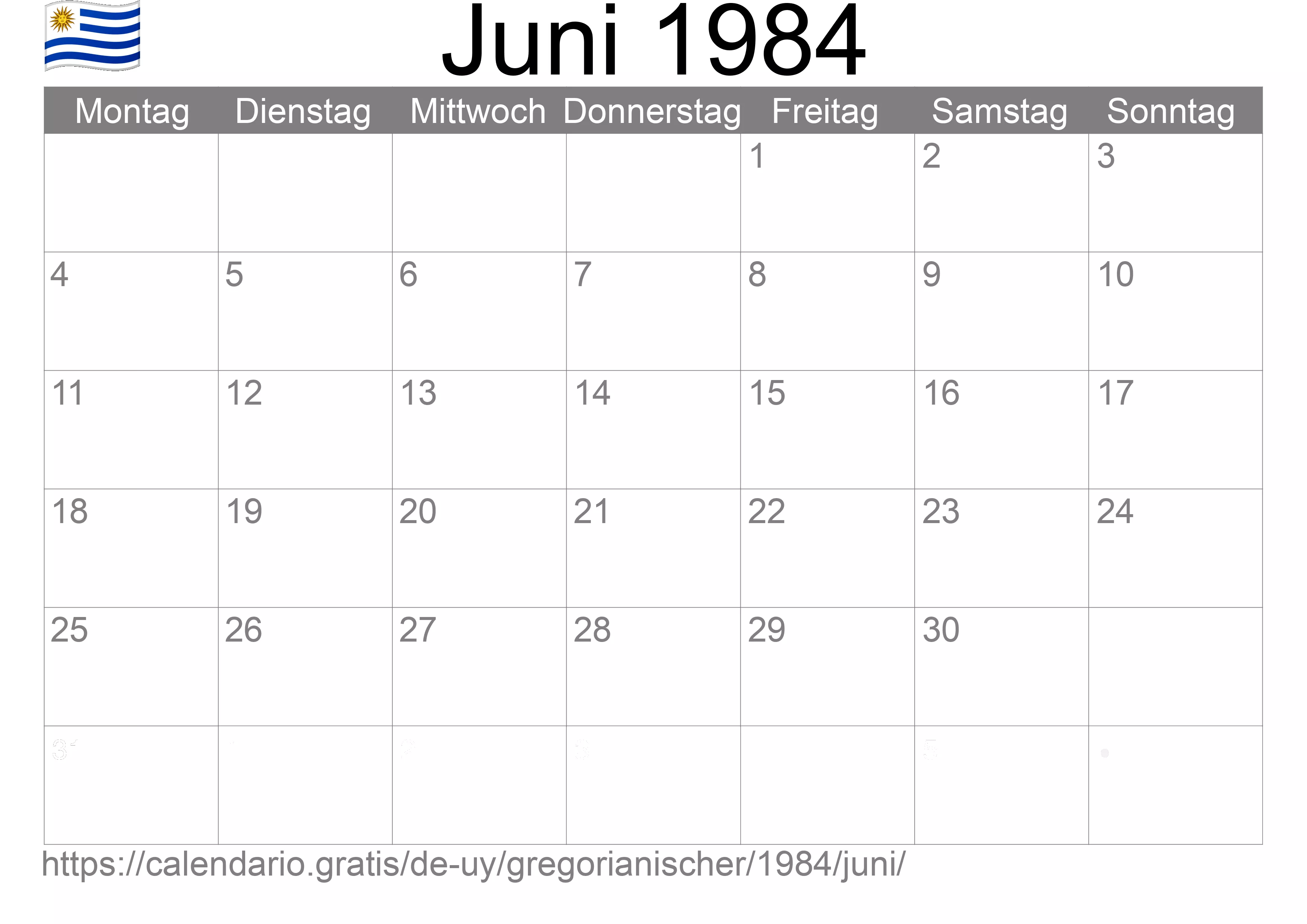 Kalender Juni 1984 zum Ausdrucken (Uruguay)