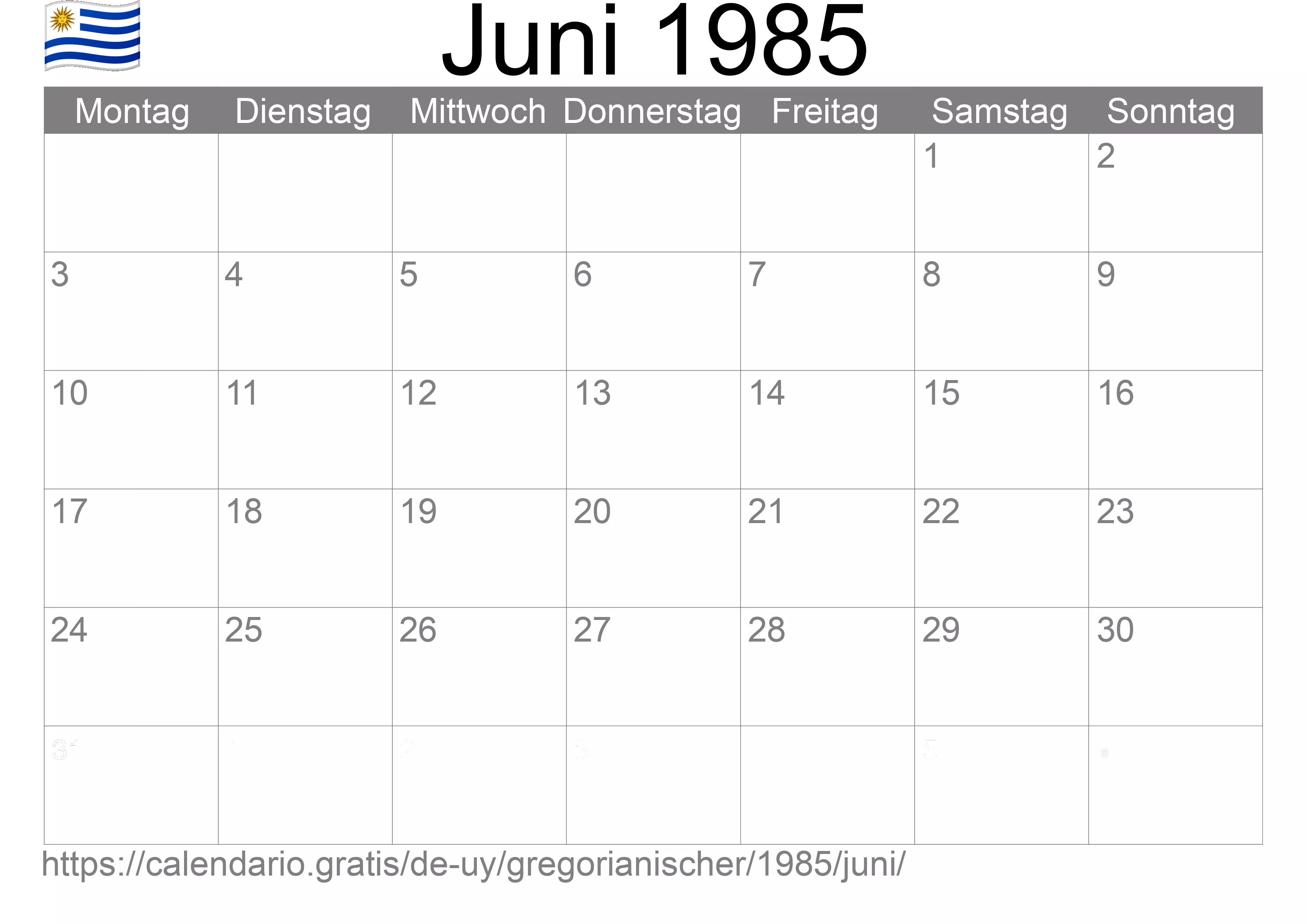 Kalender Juni 1985 zum Ausdrucken (Uruguay)