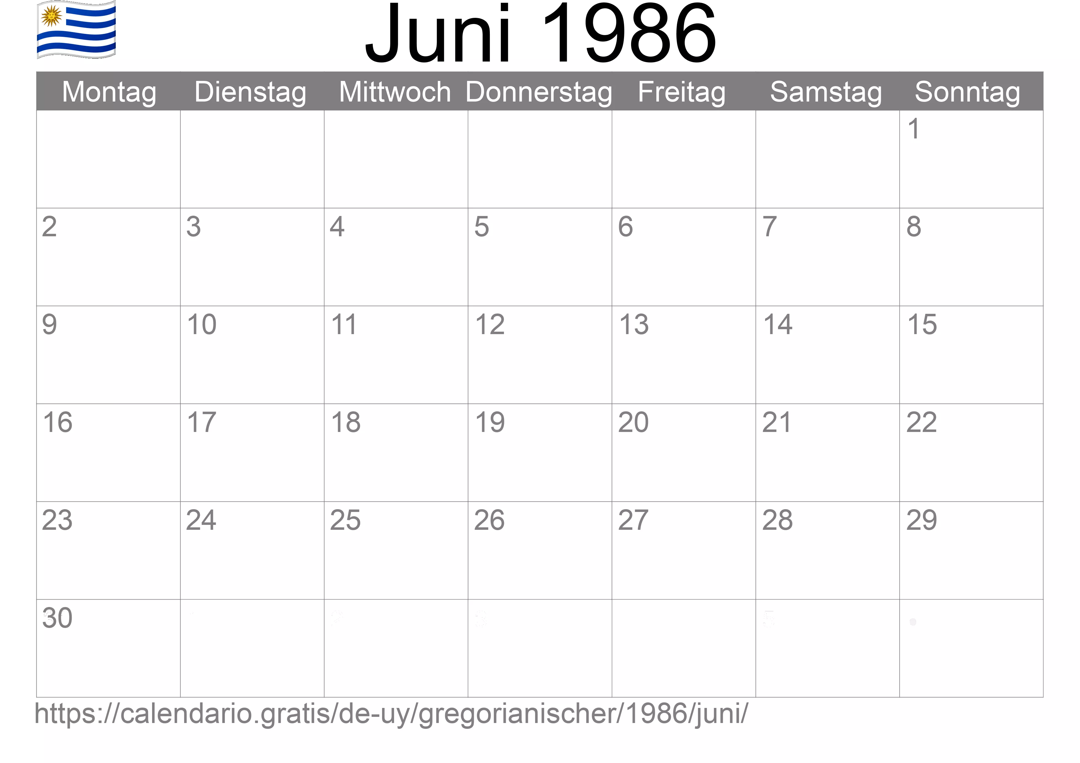 Kalender Juni 1986 zum Ausdrucken (Uruguay)