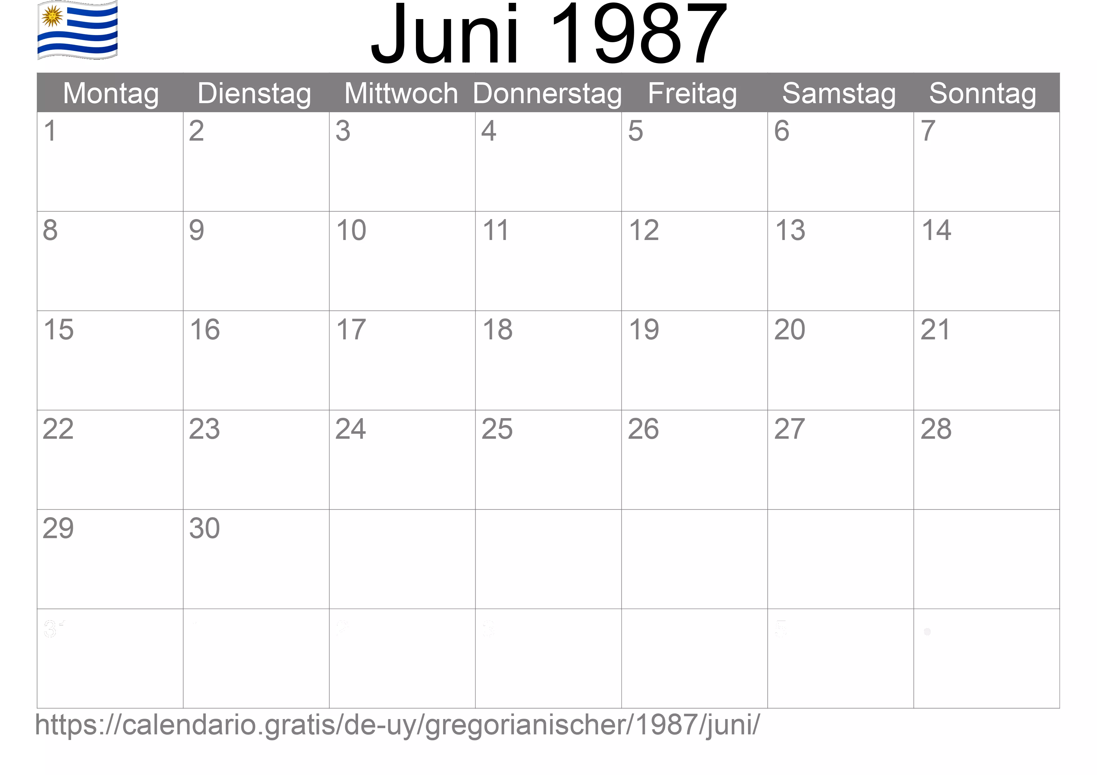 Kalender Juni 1987 zum Ausdrucken (Uruguay)