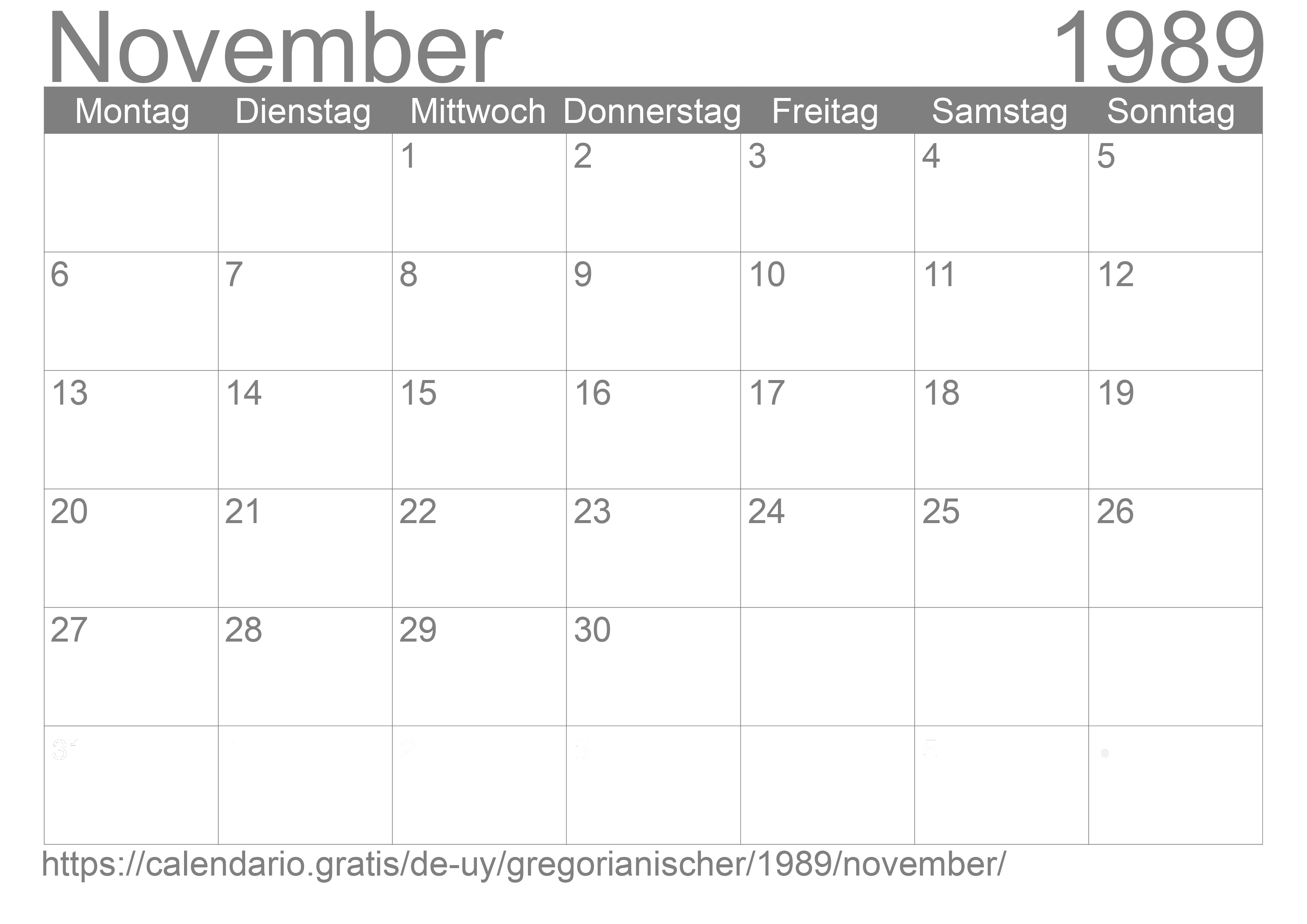 Kalender November 1989 zum Ausdrucken