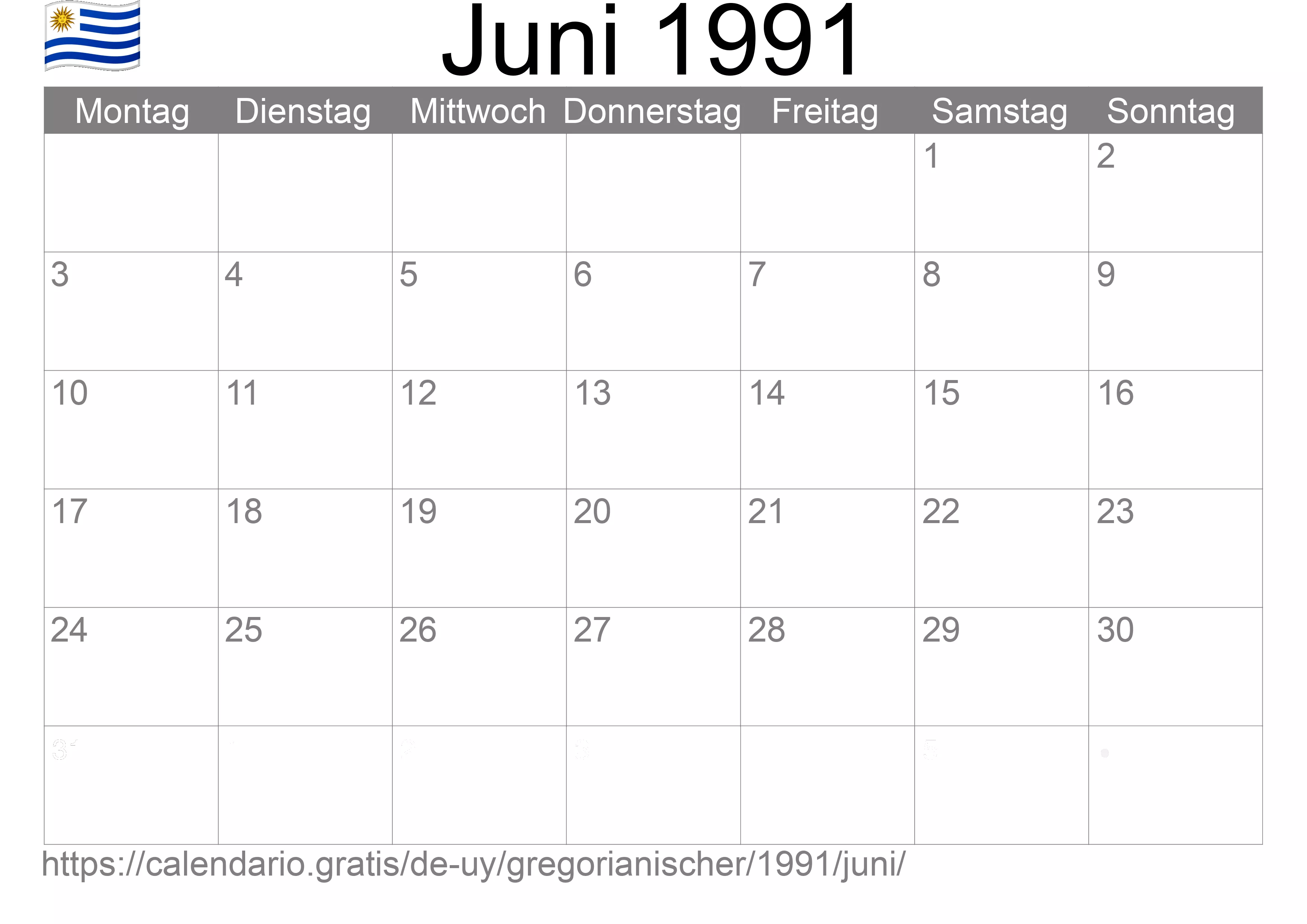 Kalender Juni 1991 zum Ausdrucken (Uruguay)