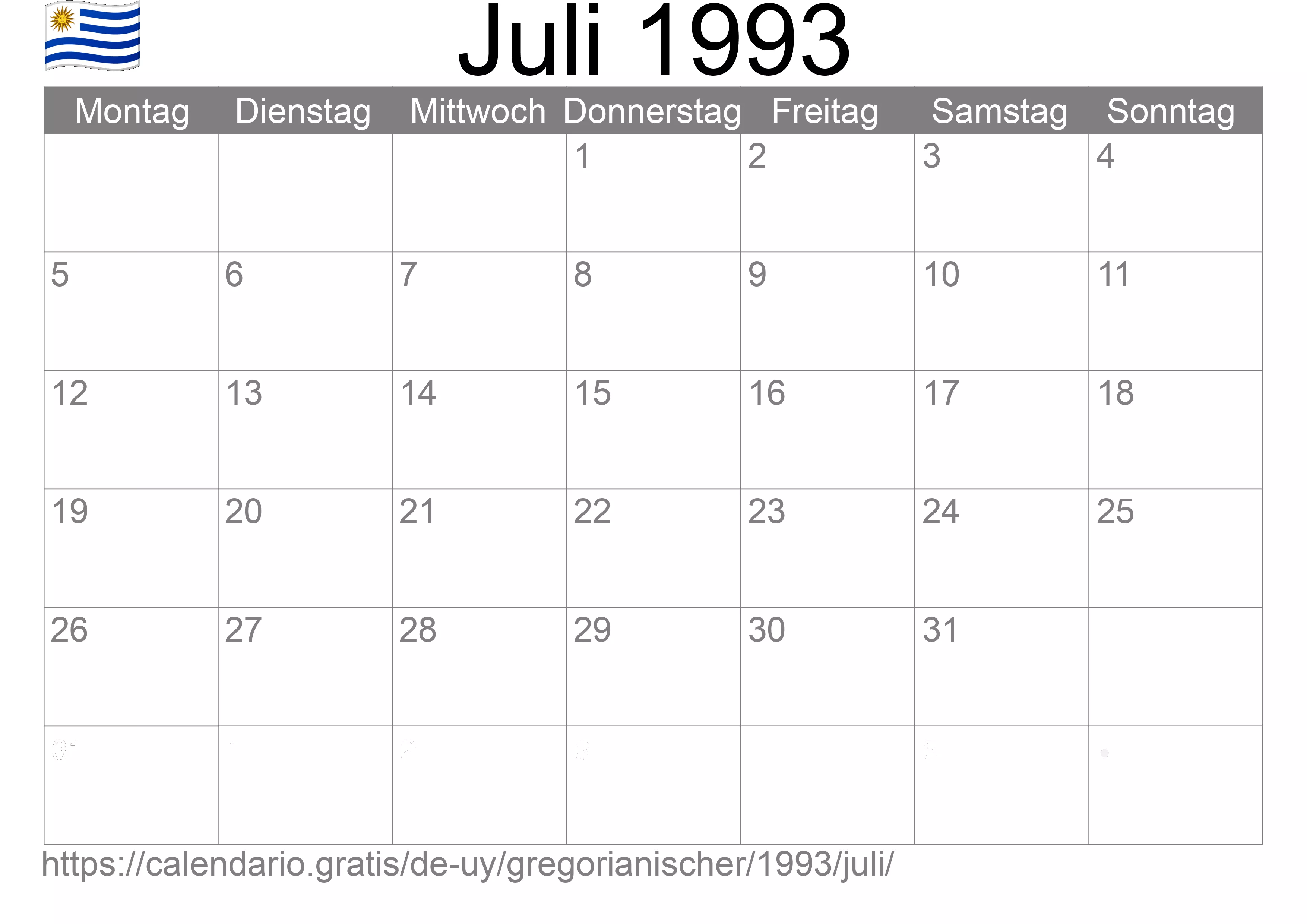Kalender Juli 1993 zum Ausdrucken (Uruguay)