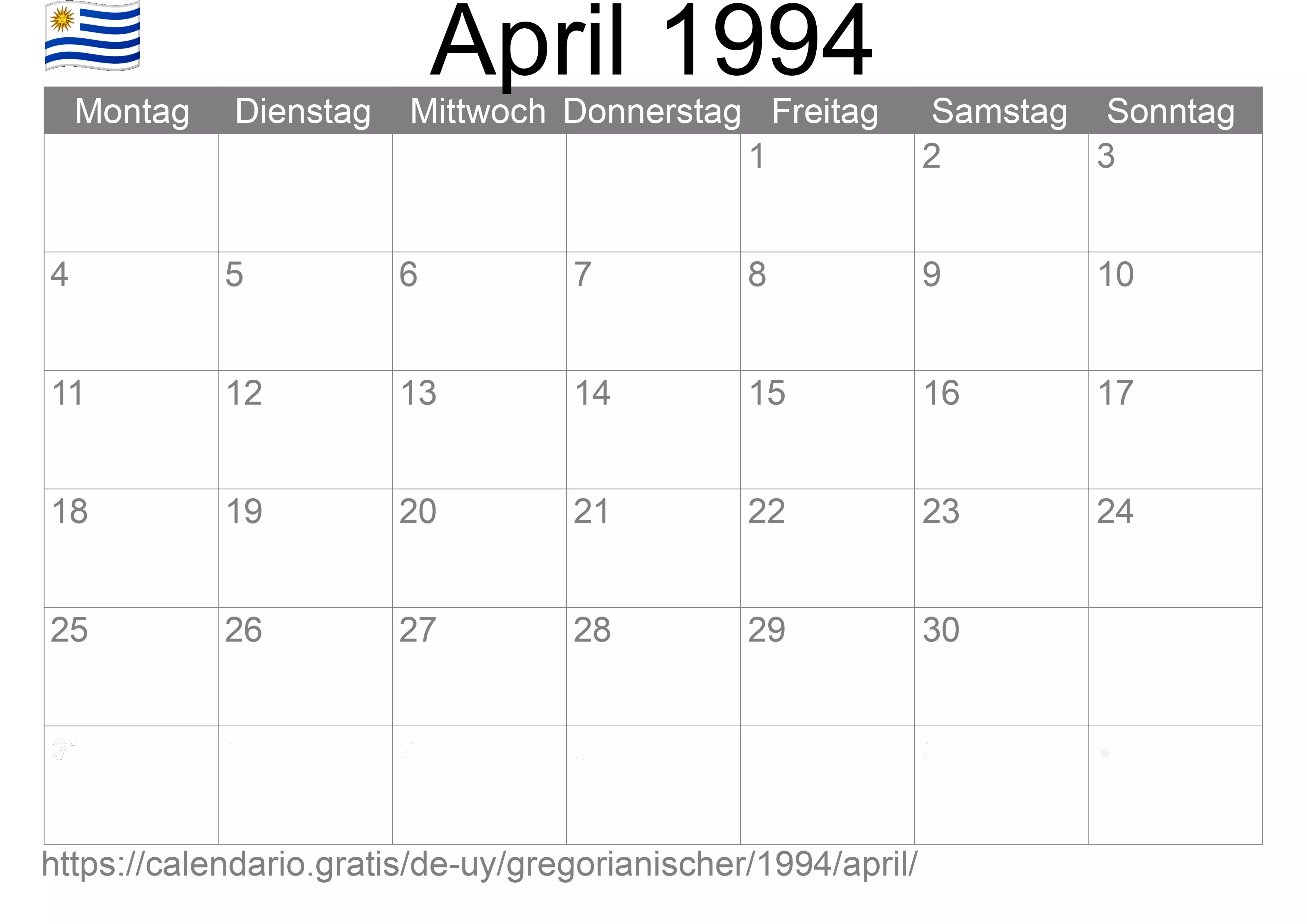 Kalender April 1994 zum Ausdrucken (Uruguay)