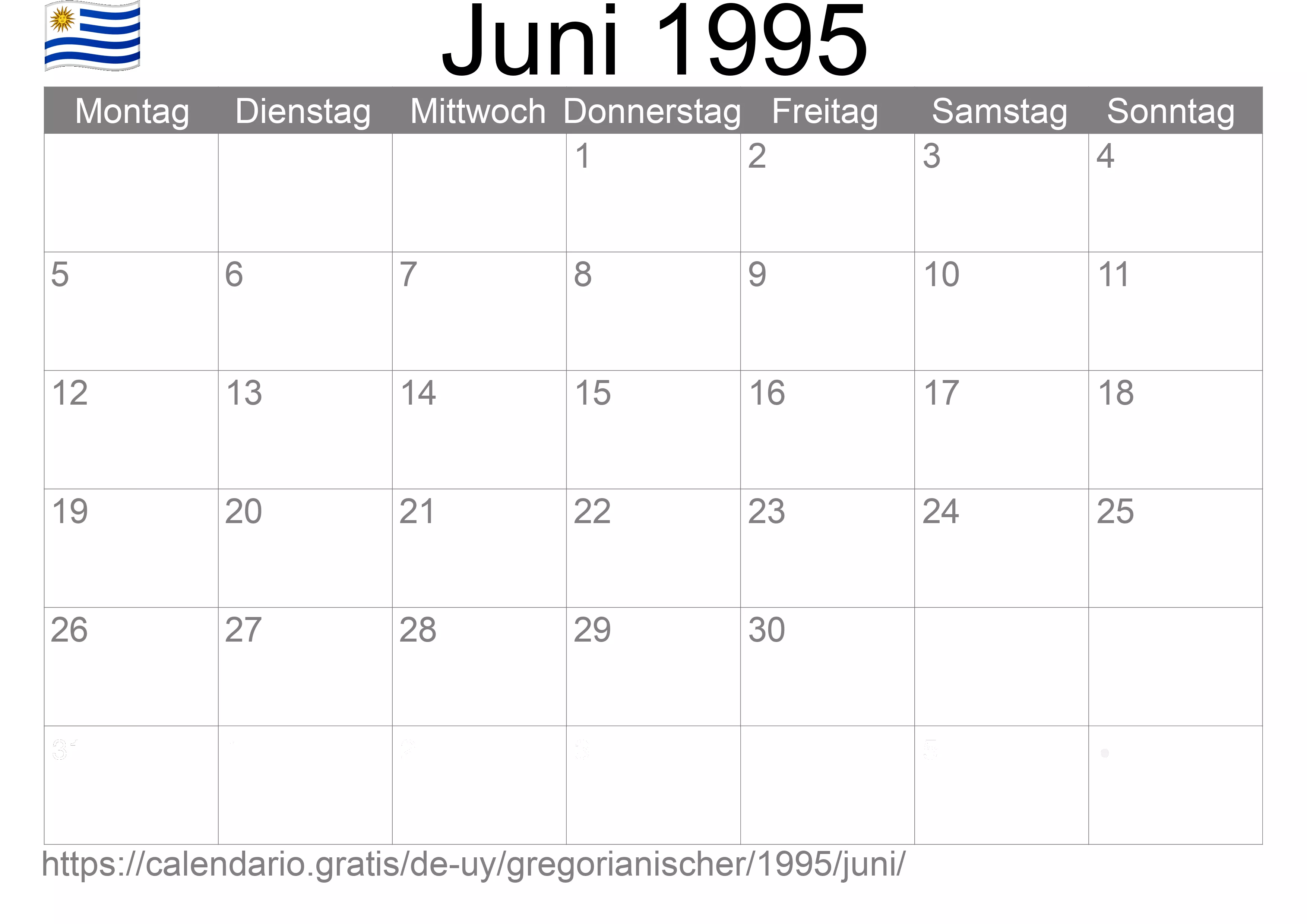 Kalender Juni 1995 zum Ausdrucken (Uruguay)