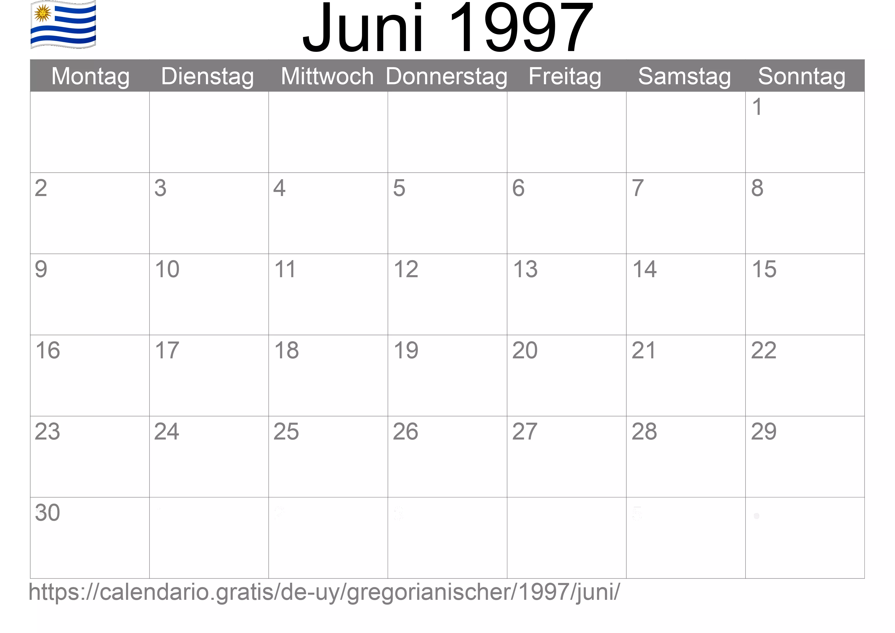 Kalender Juni 1997 zum Ausdrucken (Uruguay)
