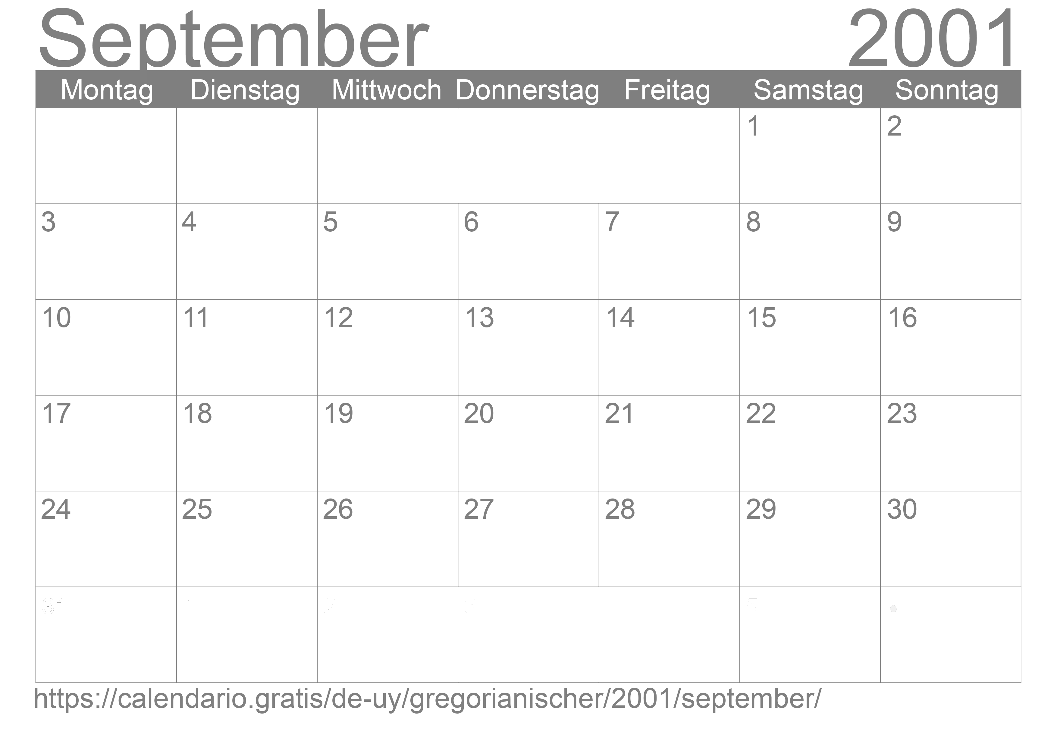 Kalender September 2001 zum Ausdrucken
