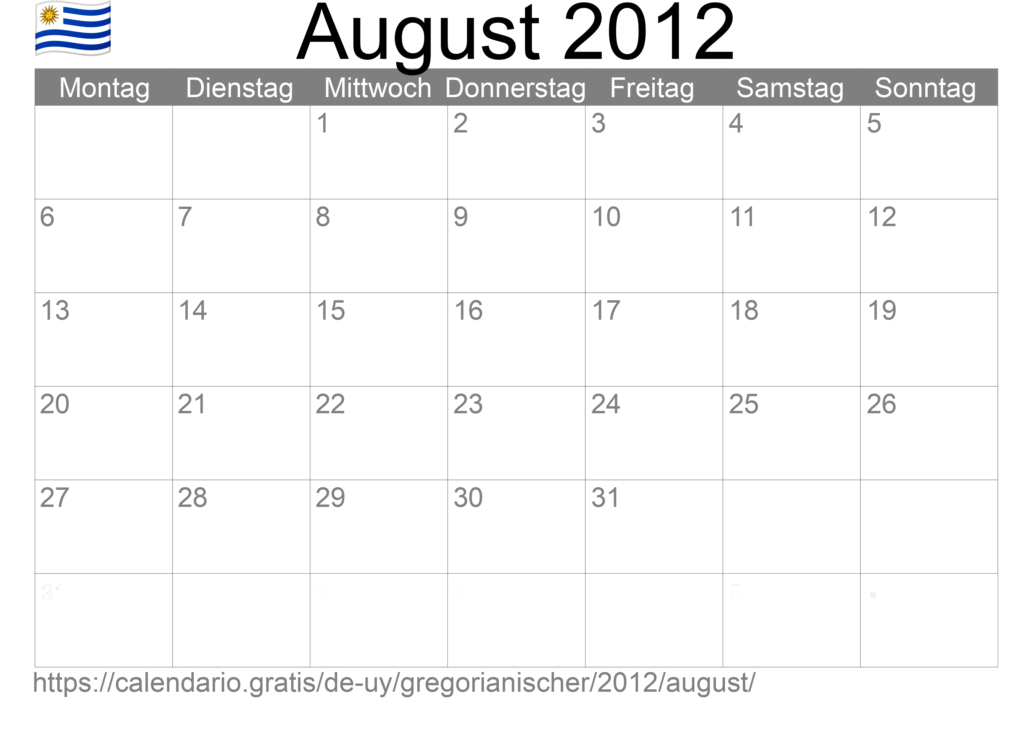 Kalender August 2012 zum Ausdrucken