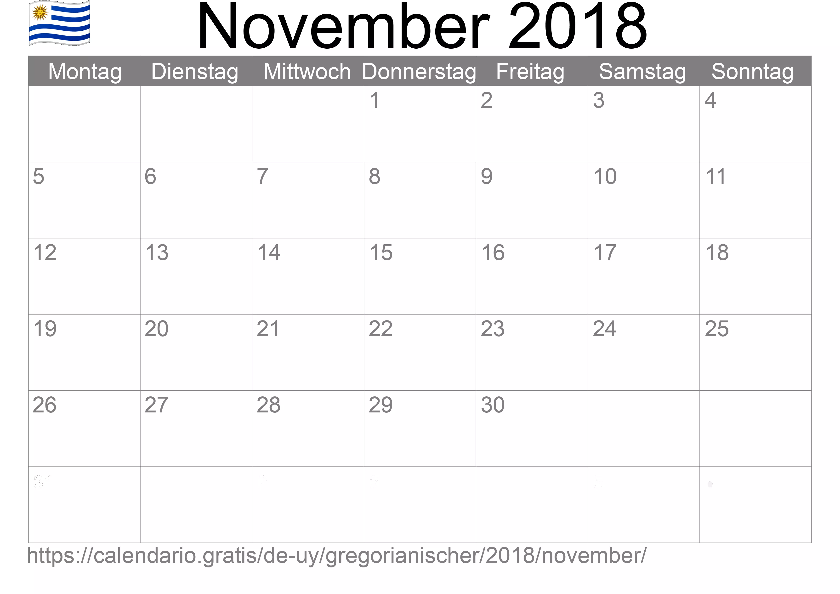 Kalender November 2018 zum Ausdrucken (Uruguay)
