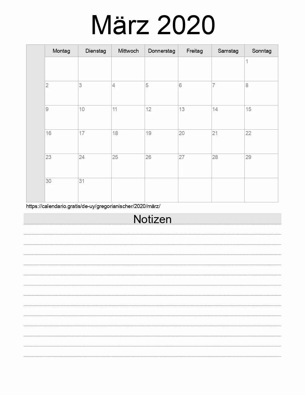 Kalender für März 2020 zum Drucken mit Notizen. (Uruguay)