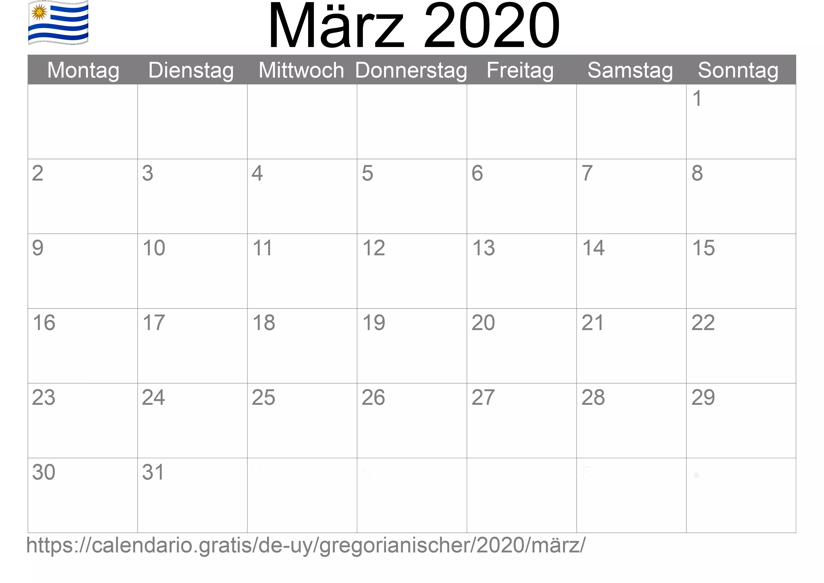 Kalender März 2020 zum Ausdrucken (Uruguay)