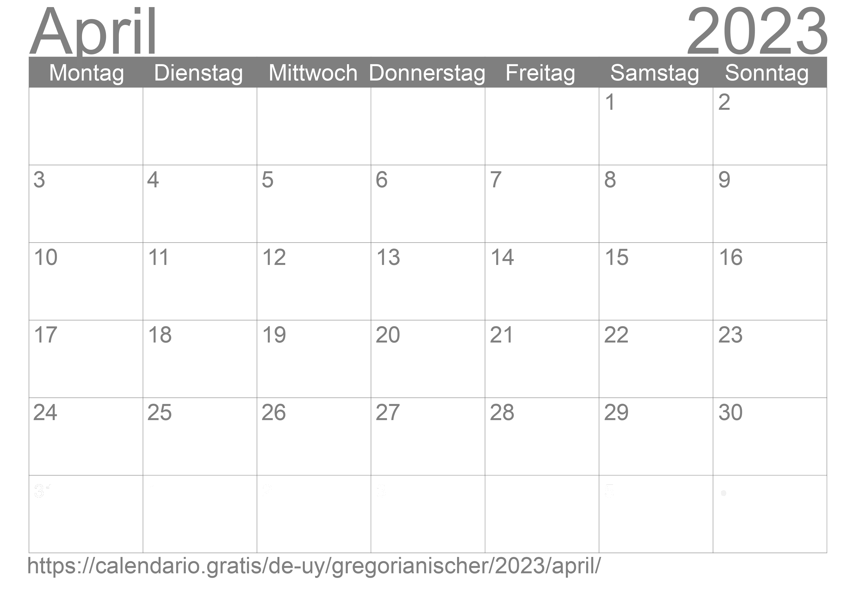Kalender April 2023 zum Ausdrucken