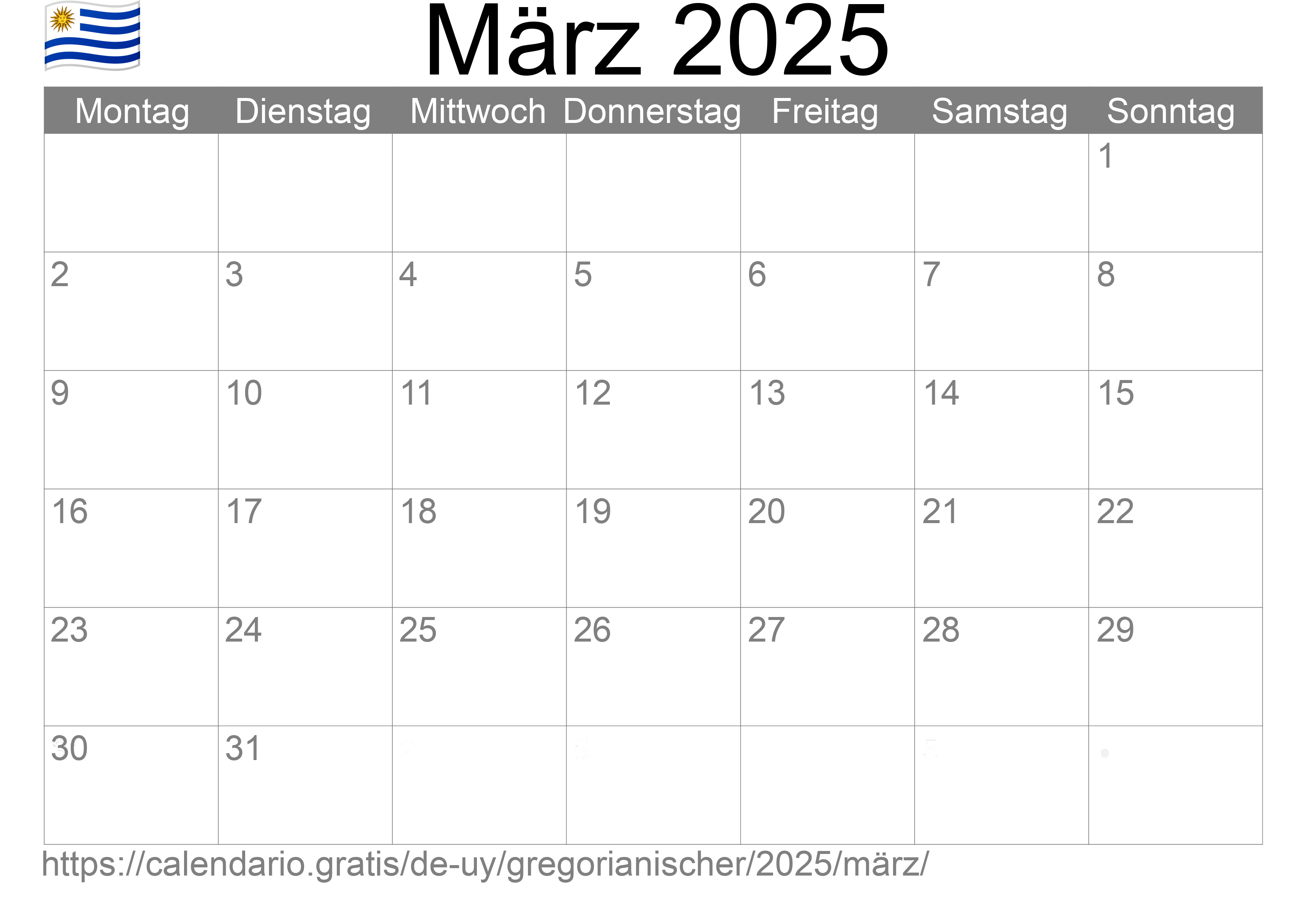 Kalender März 2025 zum Ausdrucken