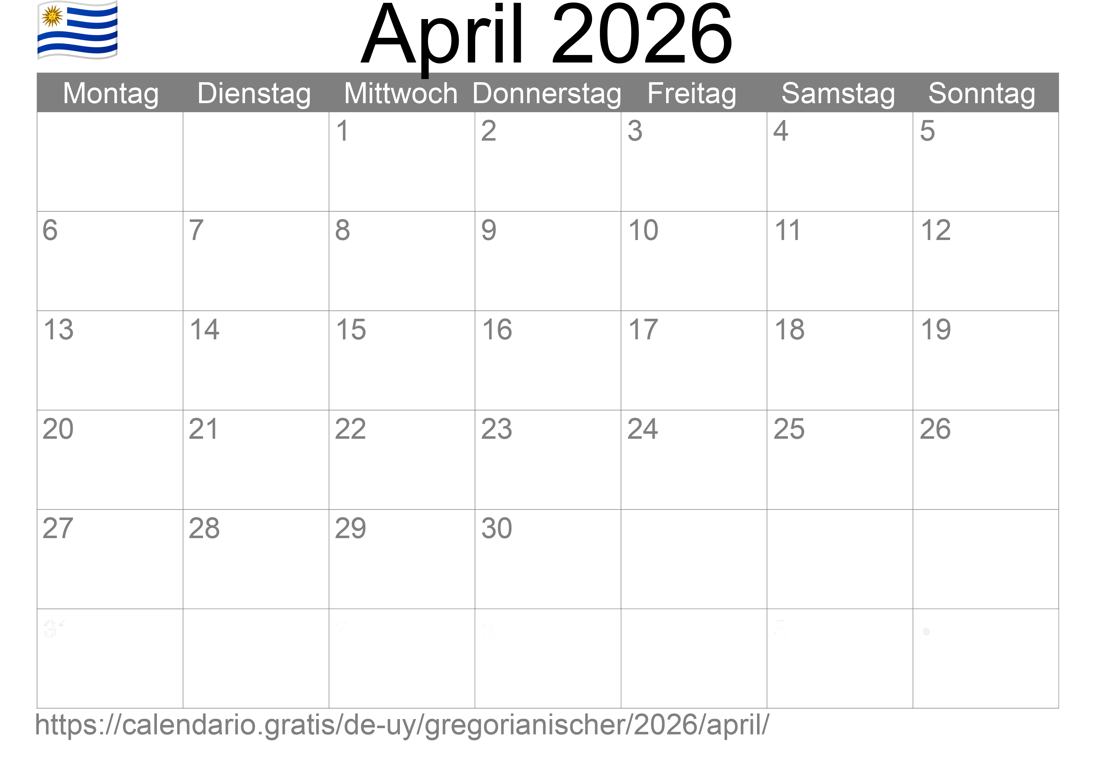 Kalender April 2026 zum Ausdrucken