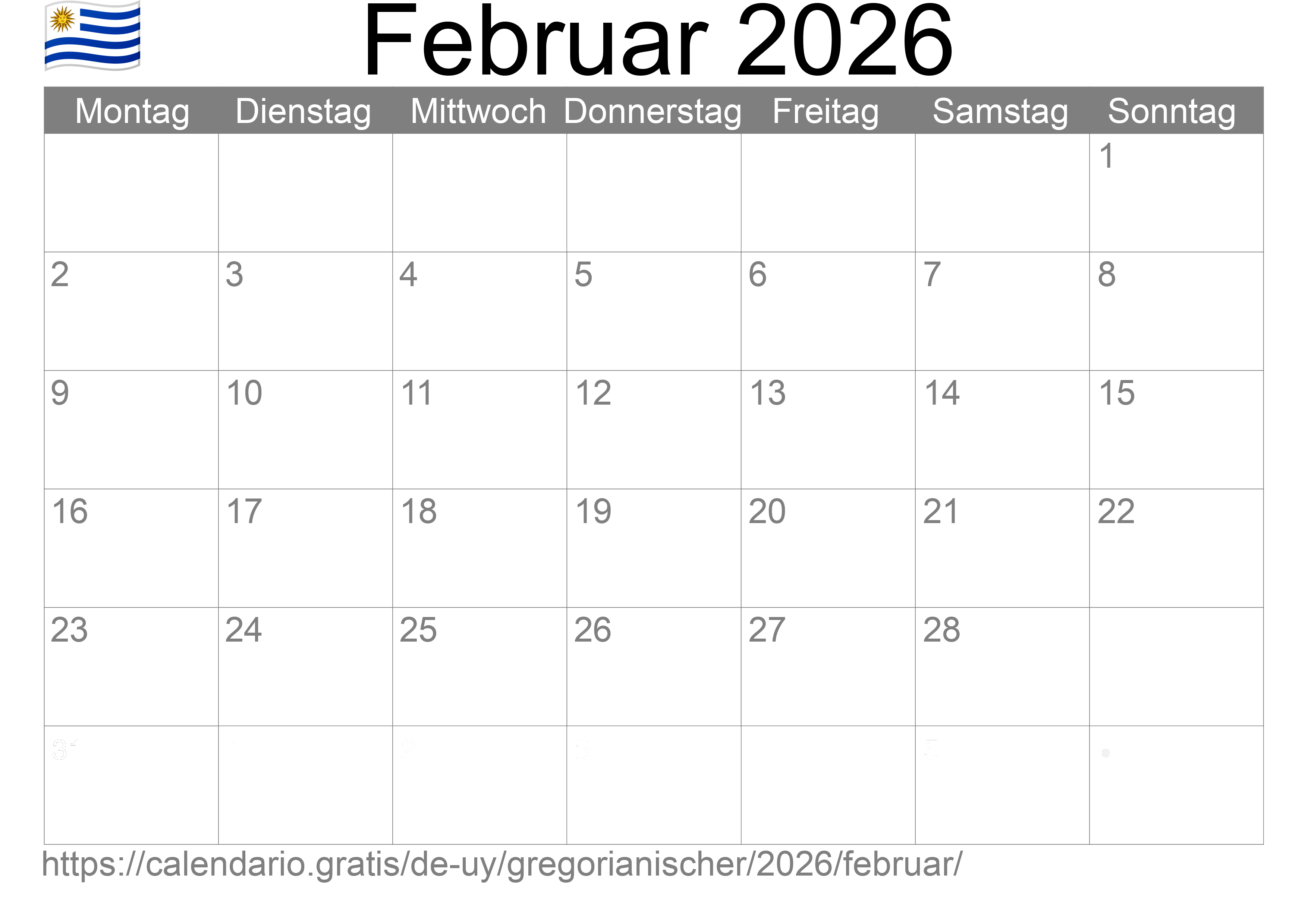 Kalender Februar 2026 zum Ausdrucken