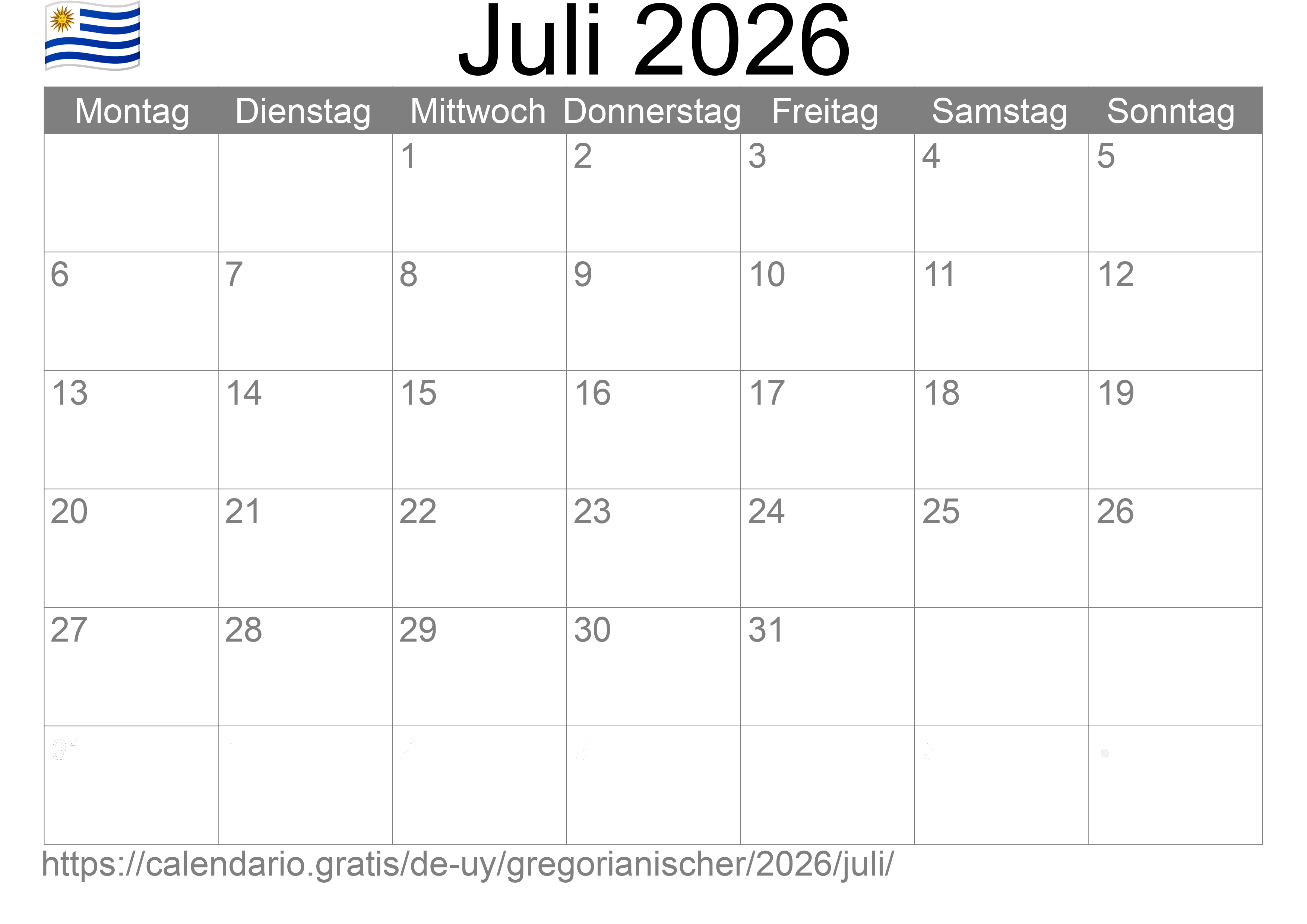 Kalender Juli 2026 zum Ausdrucken