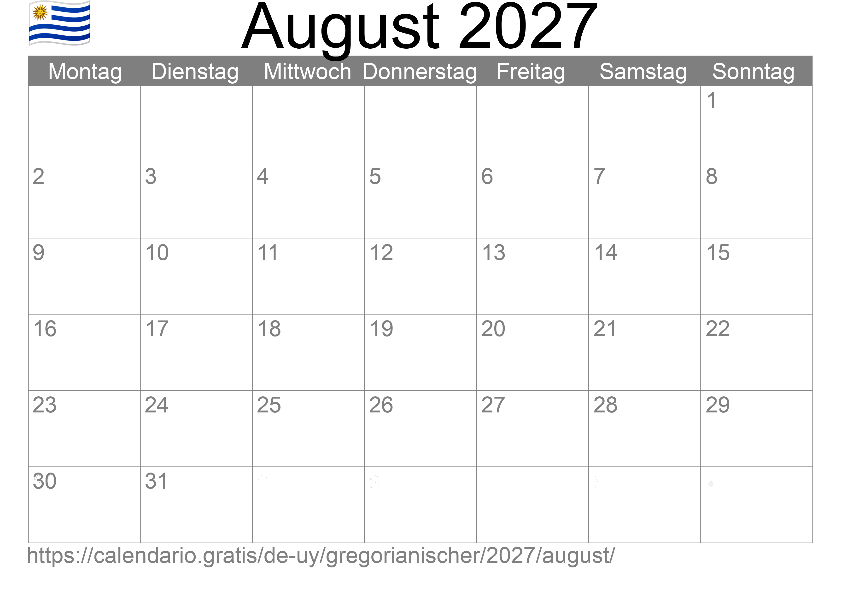 Kalender August 2027 zum Ausdrucken