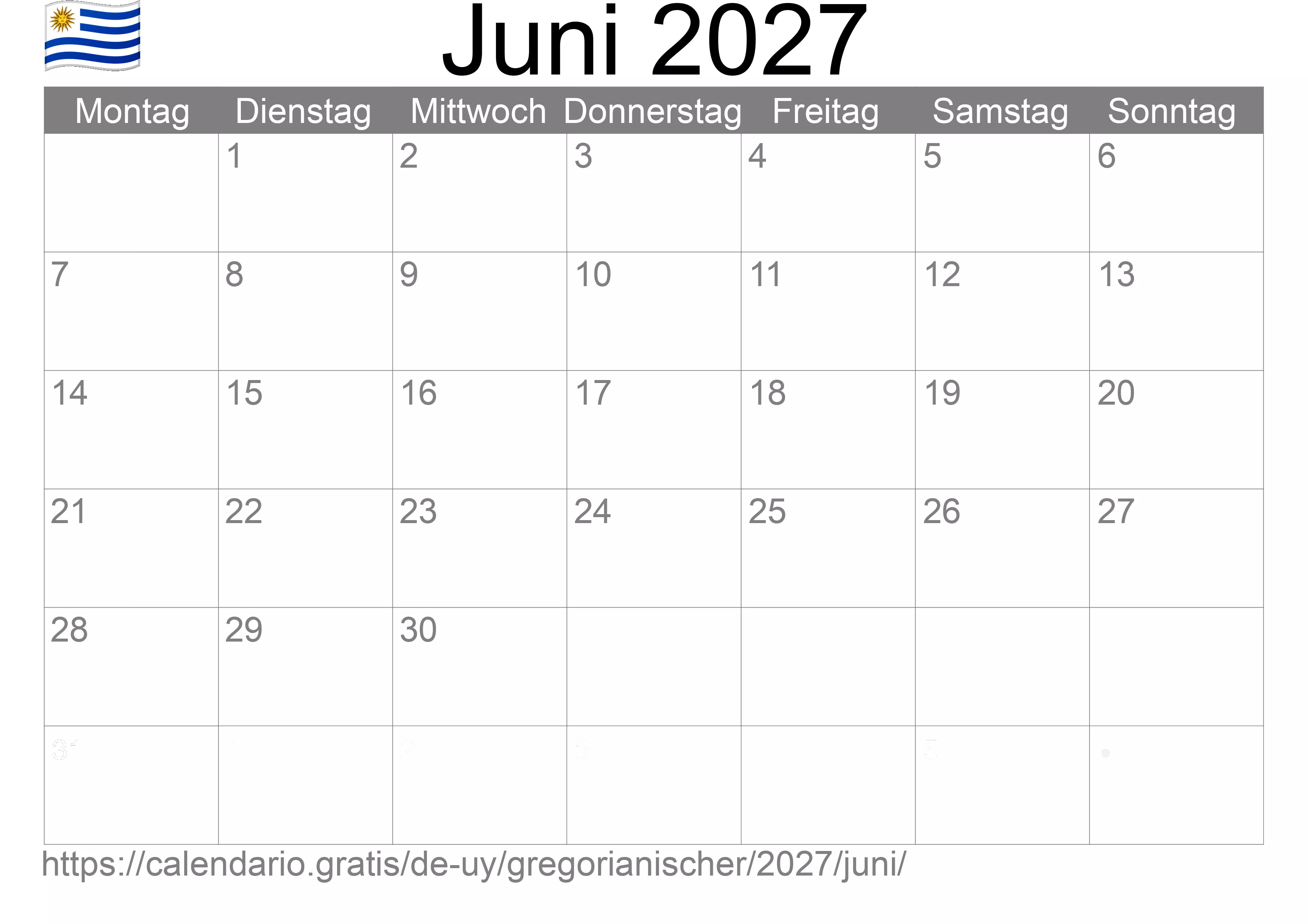 Kalender Juni 2027 zum Ausdrucken (Uruguay)
