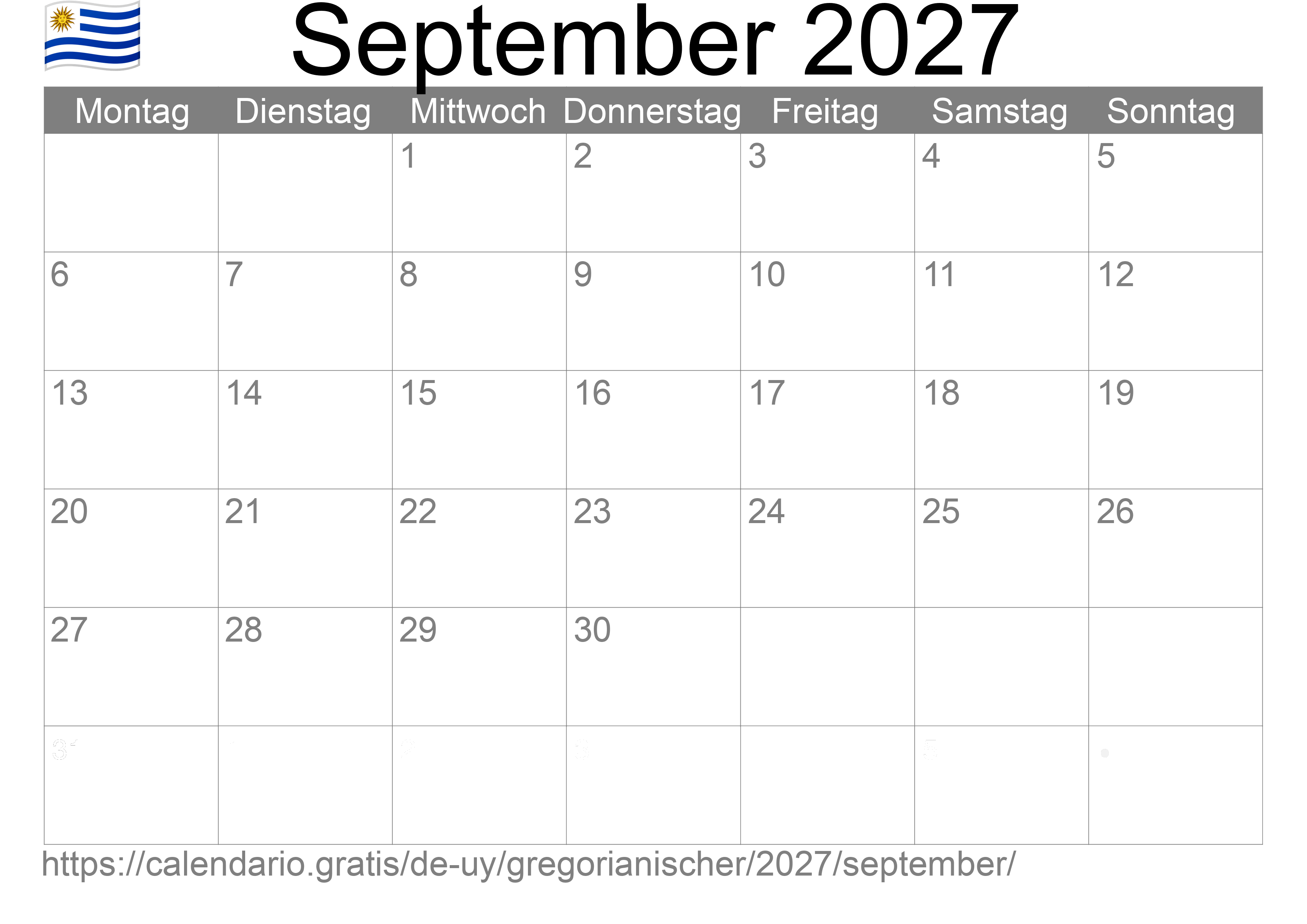 Kalender September 2027 zum Ausdrucken