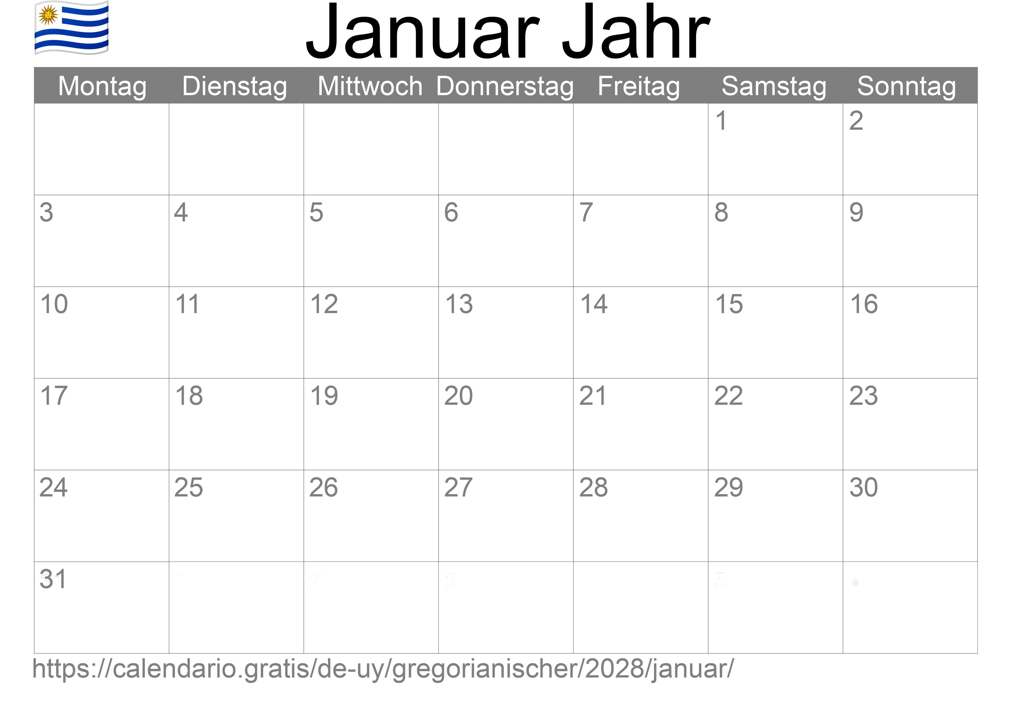 Kalender Januar 2028 zum Ausdrucken