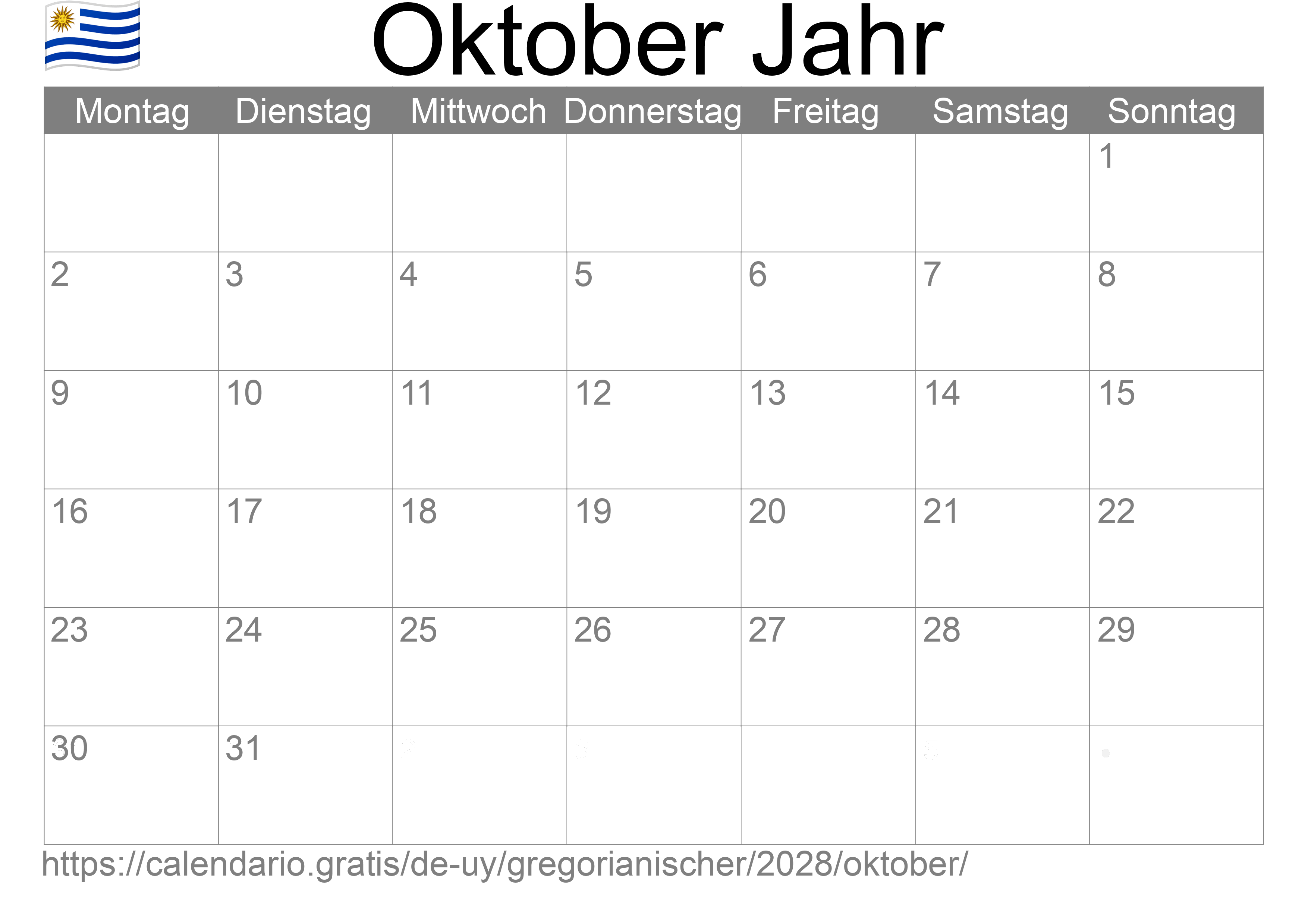 Kalender Oktober 2028 zum Ausdrucken