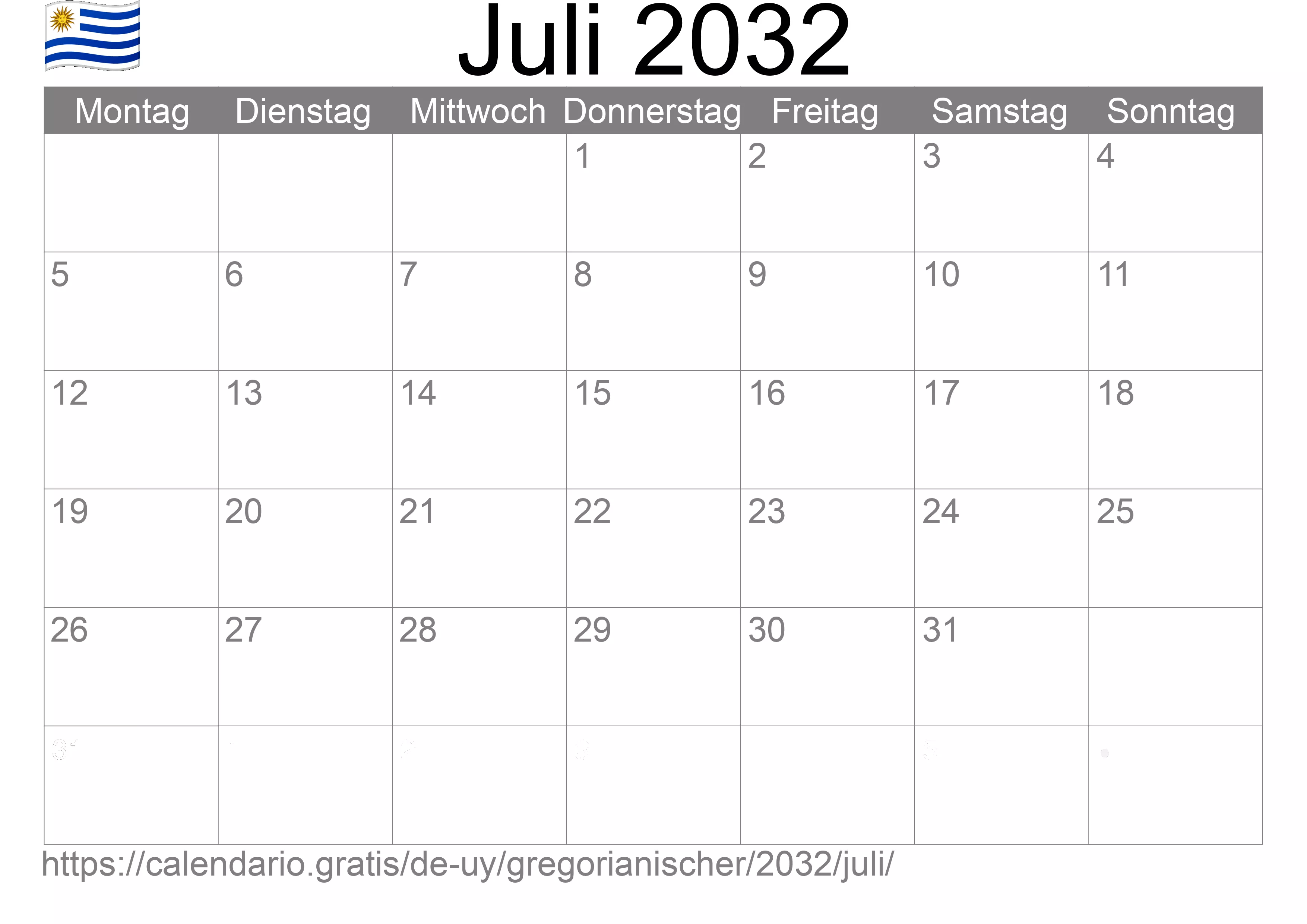 Kalender Juli 2032 zum Ausdrucken (Uruguay)
