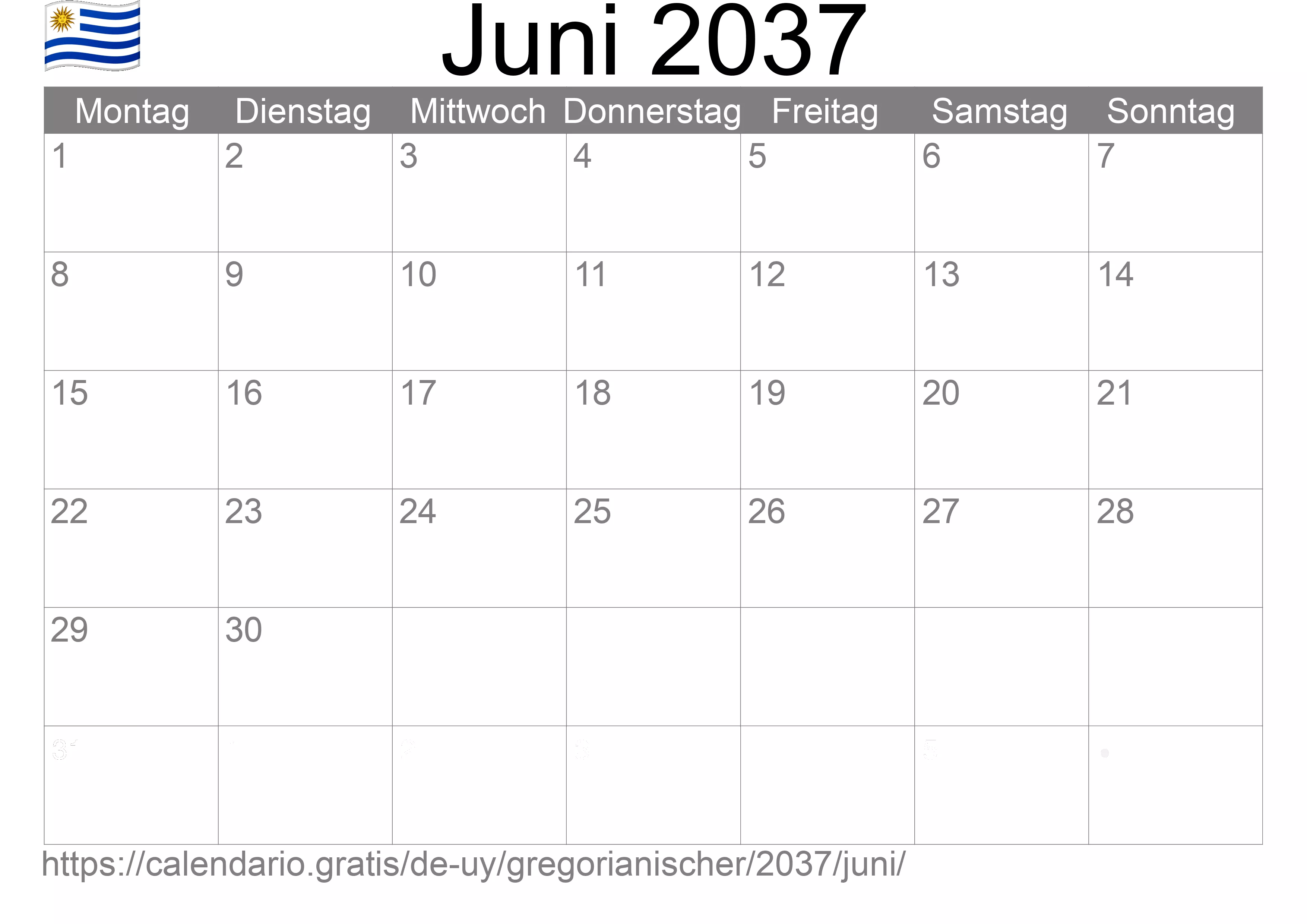 Kalender Juni 2037 zum Ausdrucken (Uruguay)