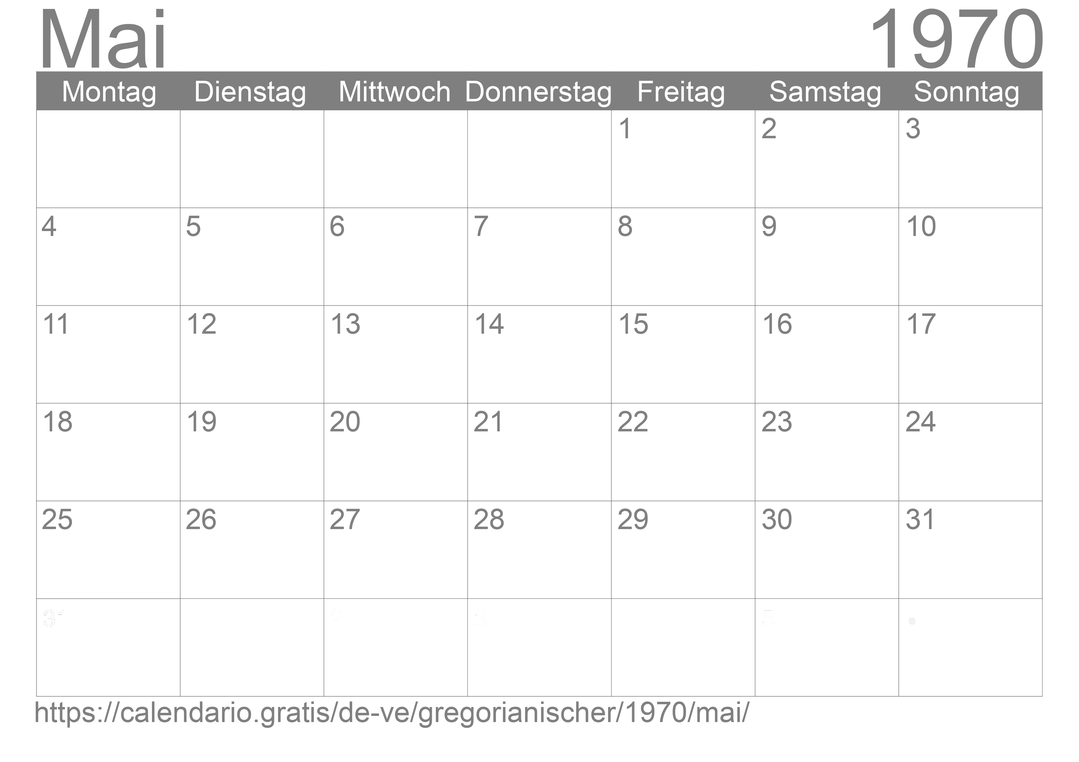 Kalender Mai 1970 zum Ausdrucken