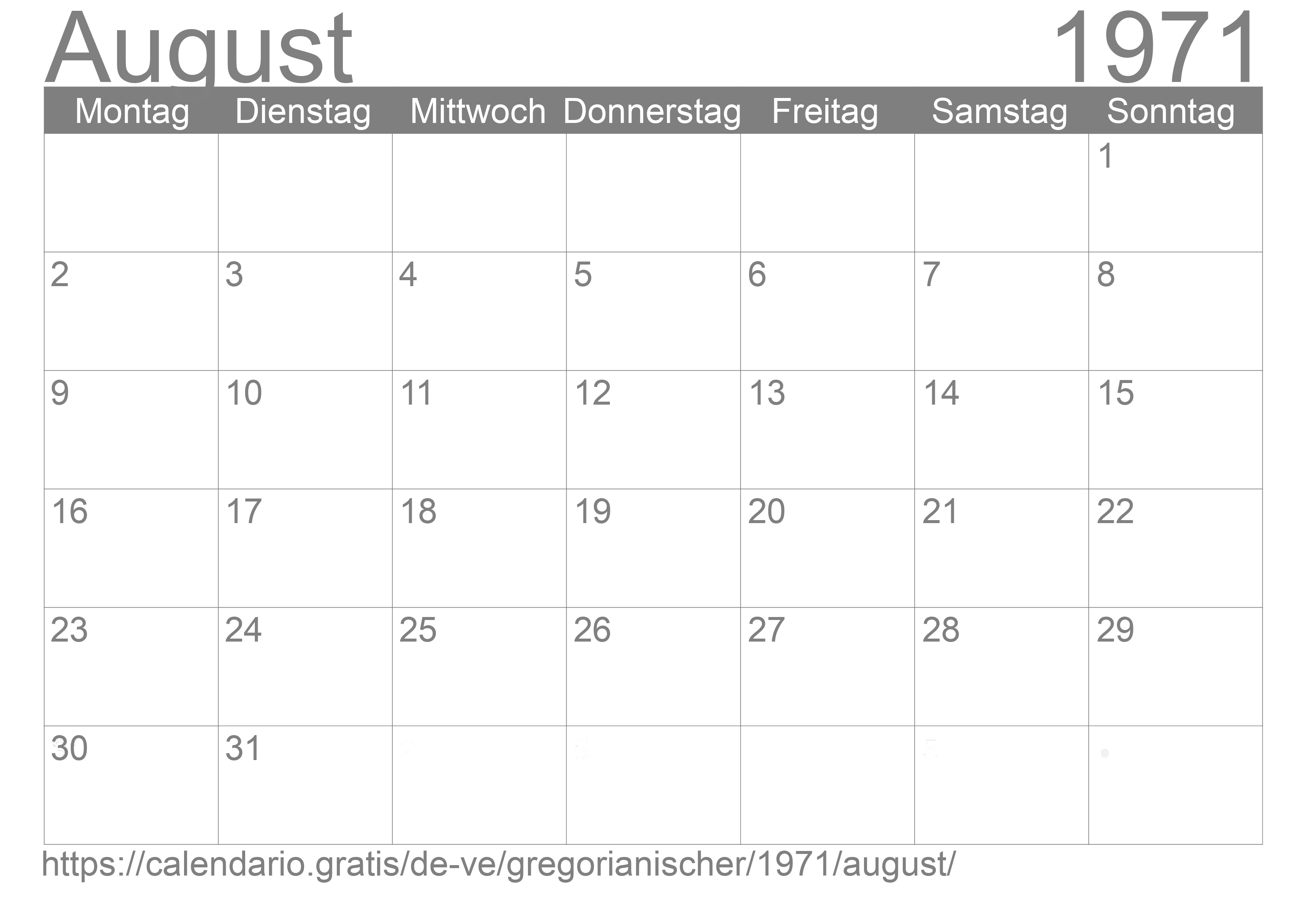 Kalender August 1971 zum Ausdrucken