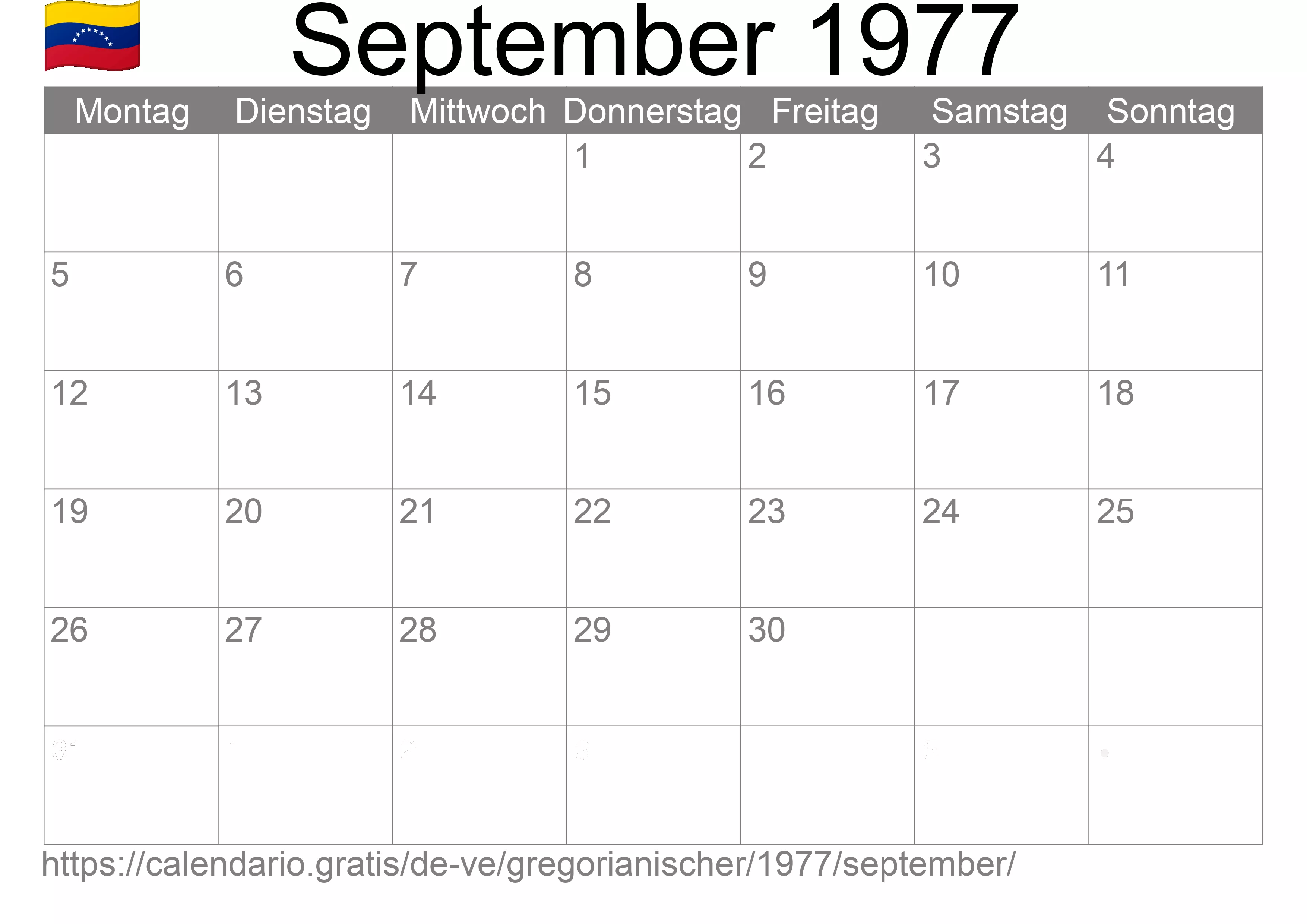 Kalender September 1977 zum Ausdrucken (Venezuela)