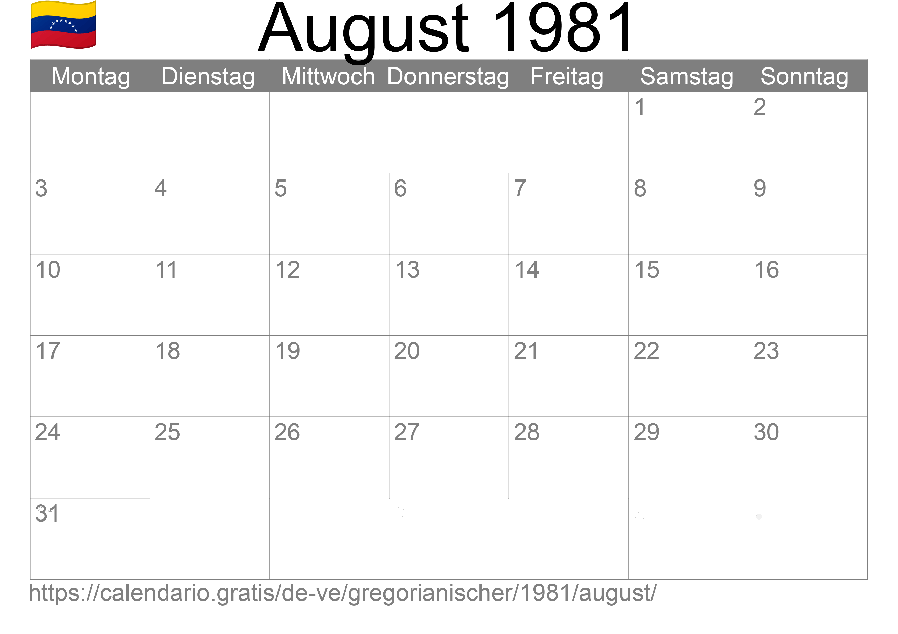 Kalender August 1981 zum Ausdrucken