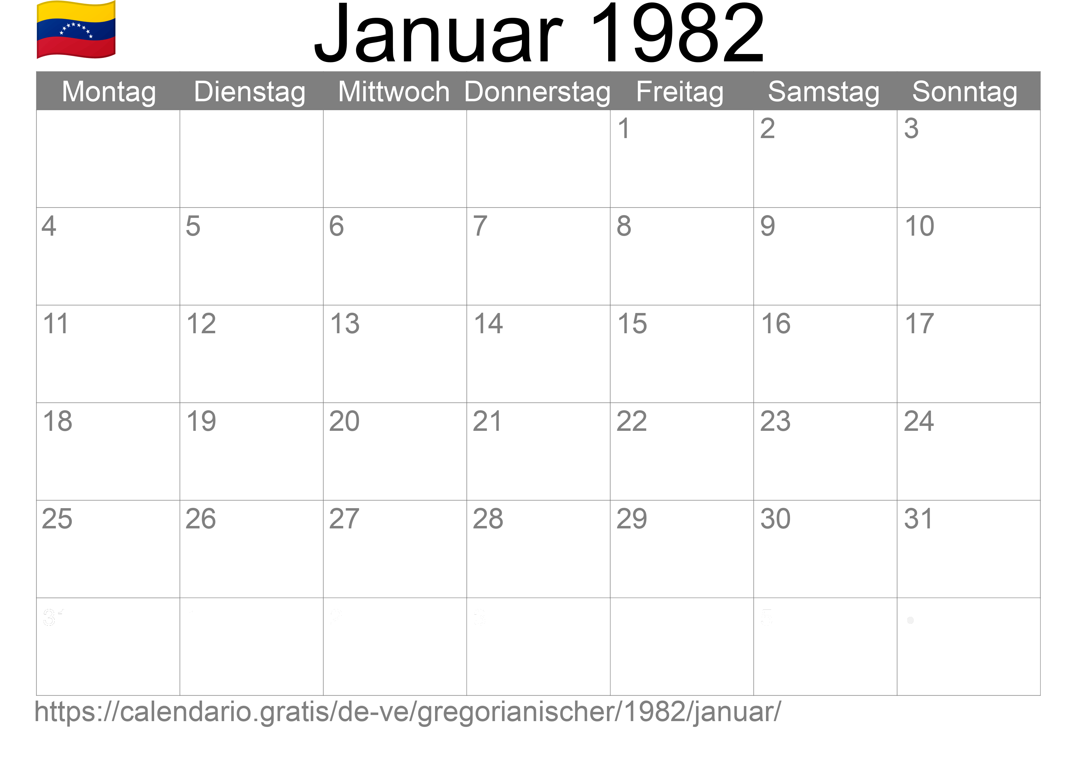 Kalender Januar 1982 zum Ausdrucken