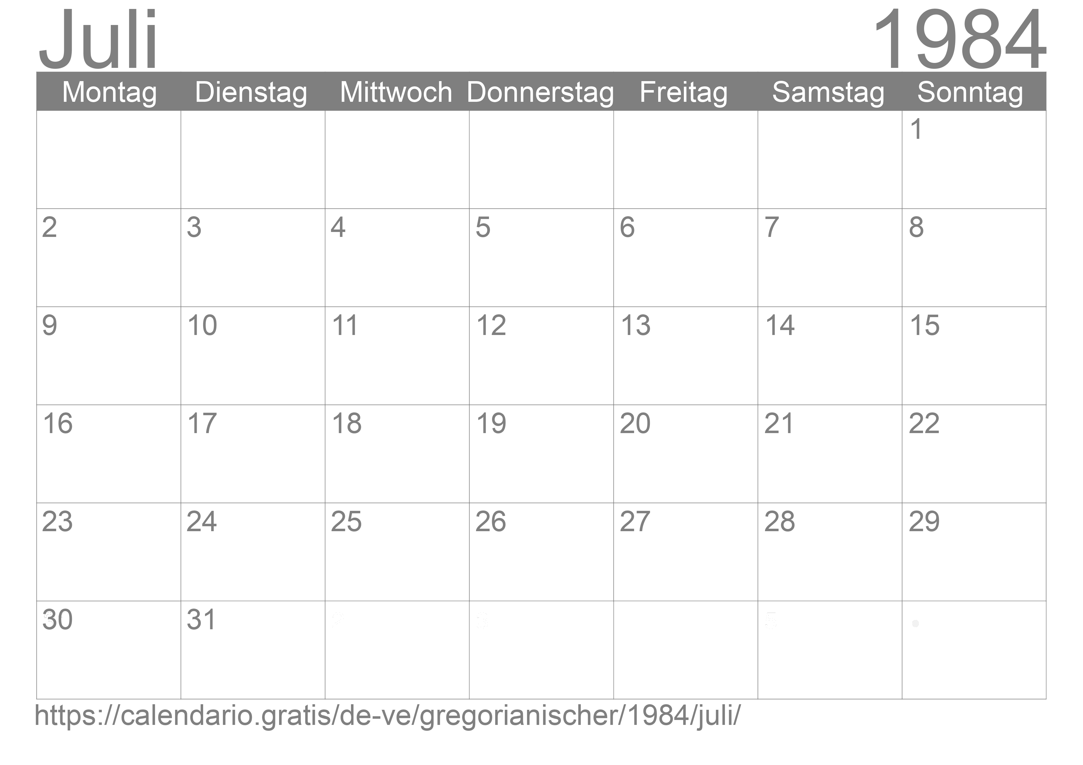 Kalender Juli 1984 zum Ausdrucken