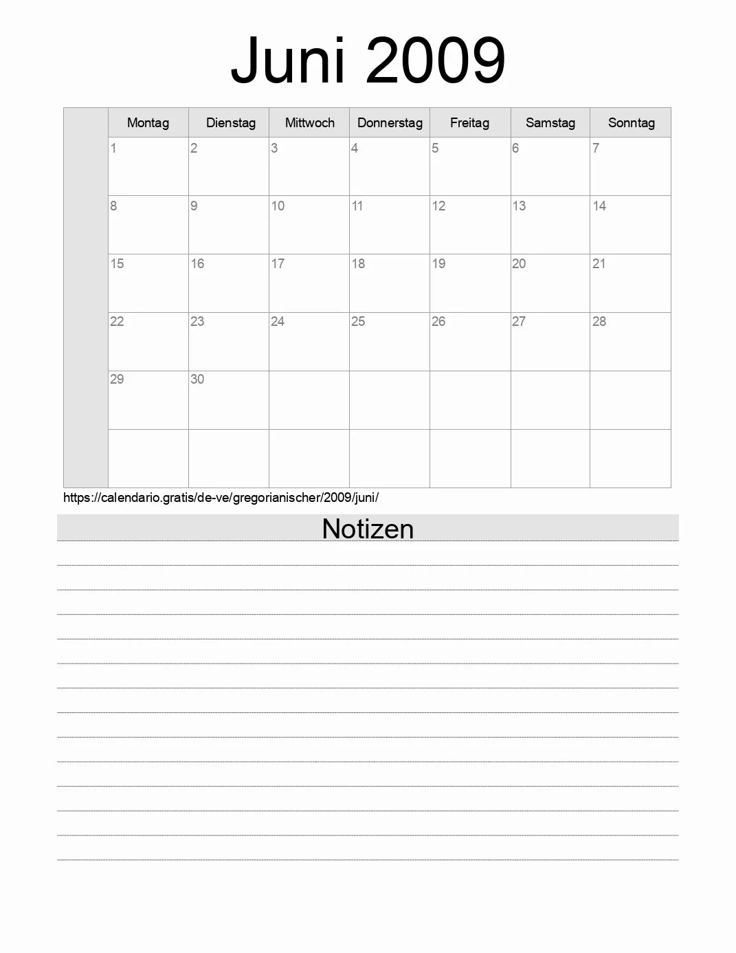 Kalender für Juni 2009 zum Drucken mit Notizen. (Venezuela)