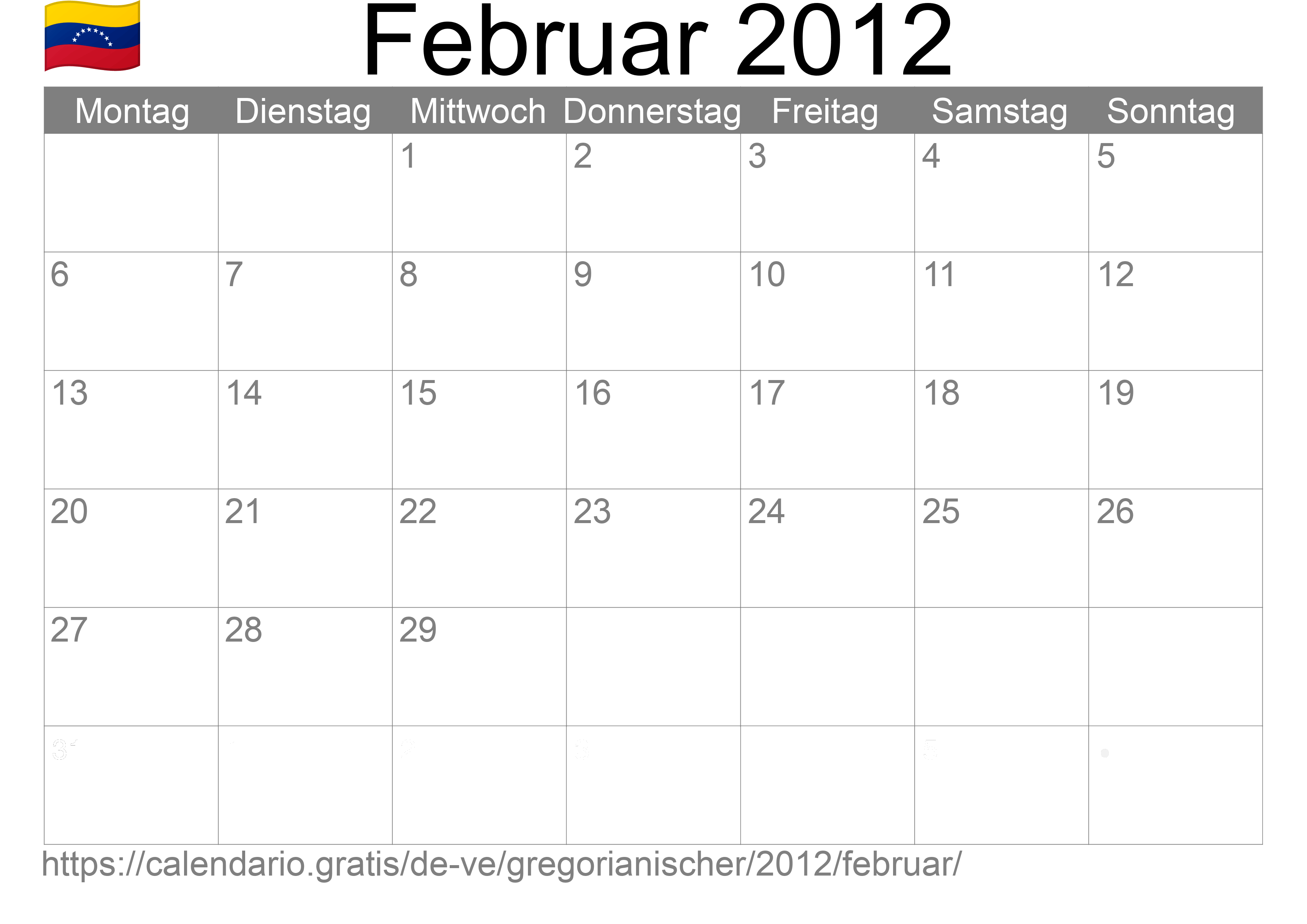 Kalender Februar 2012 zum Ausdrucken