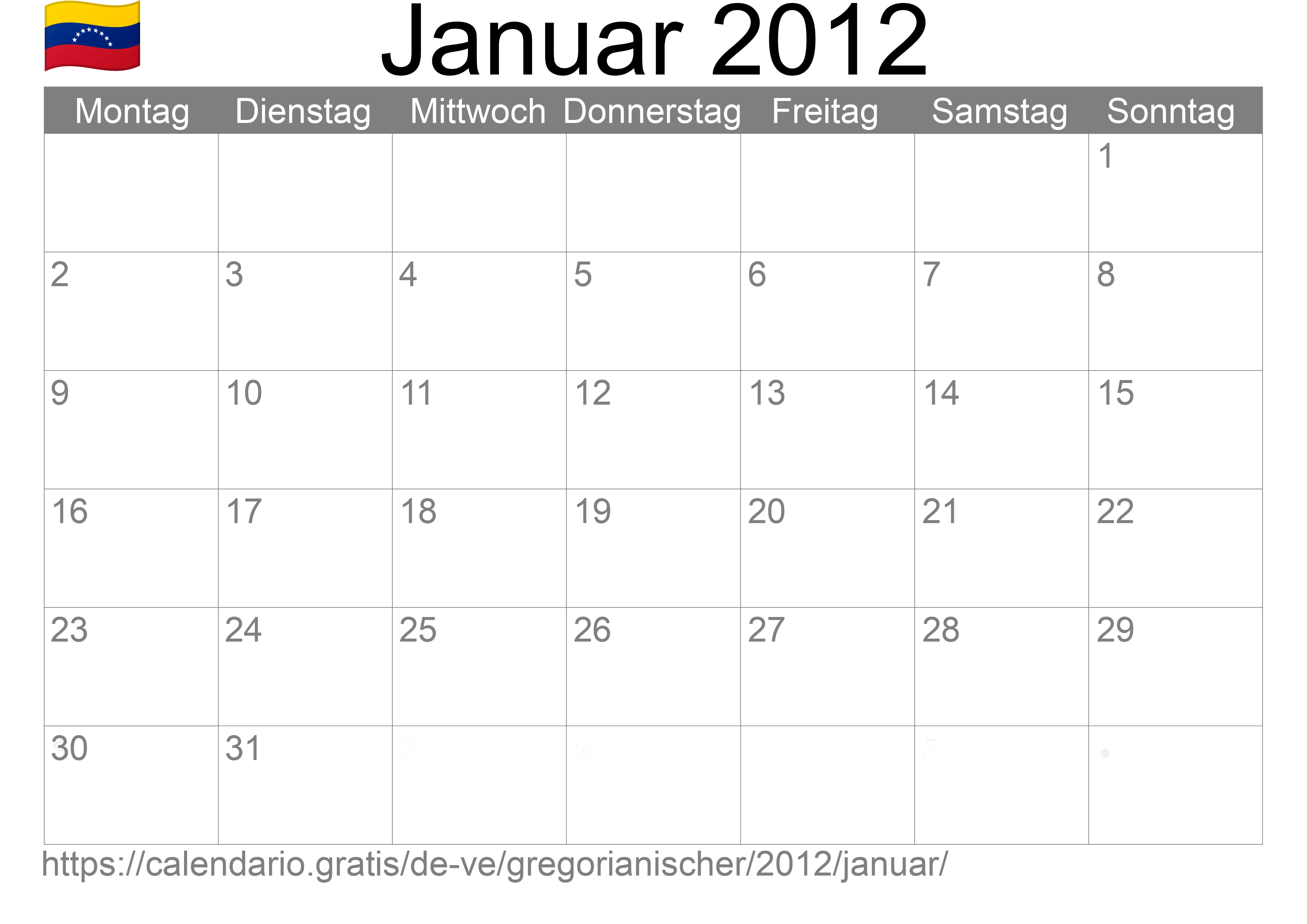 Kalender Januar 2012 zum Ausdrucken