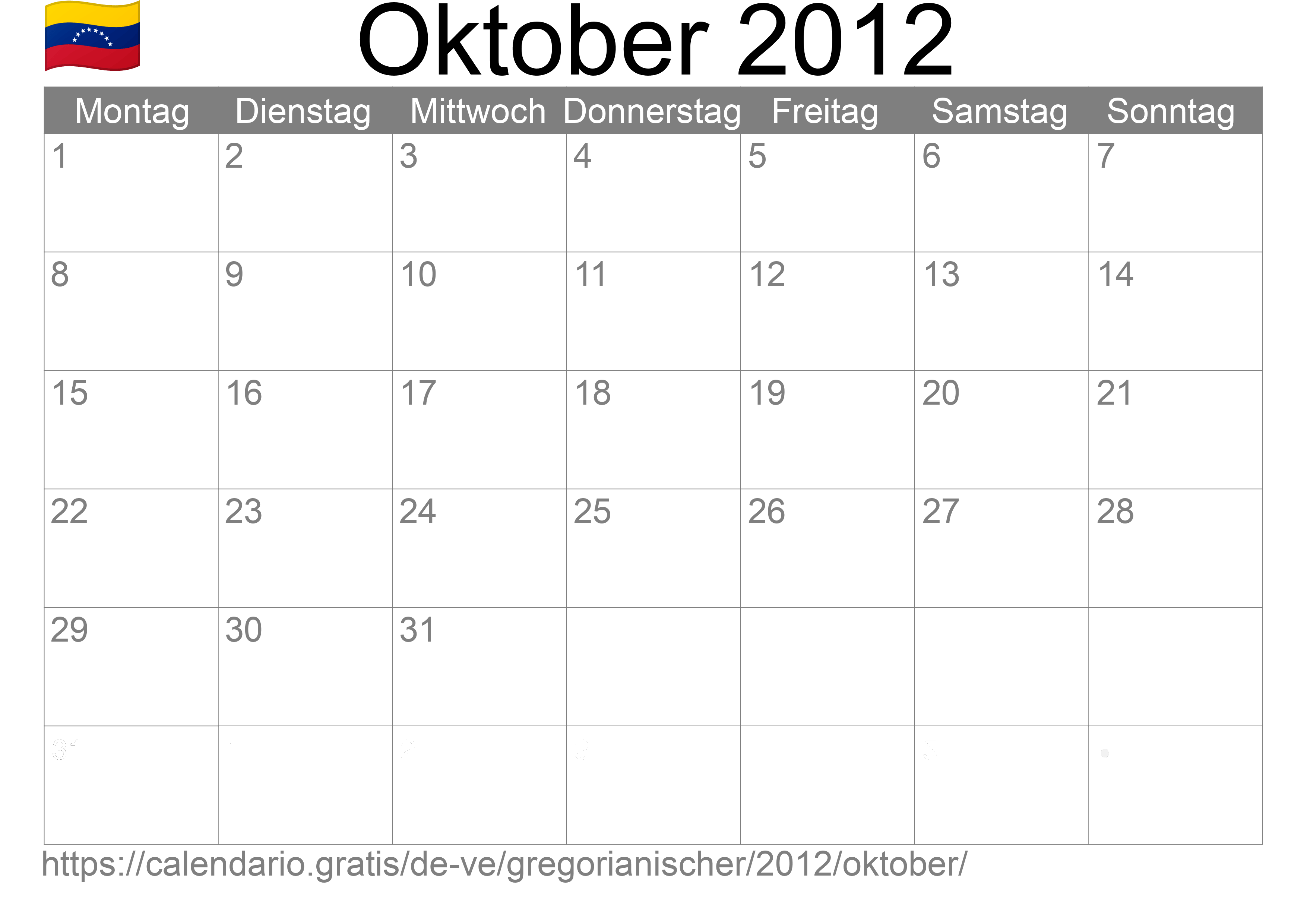 Kalender Oktober 2012 zum Ausdrucken