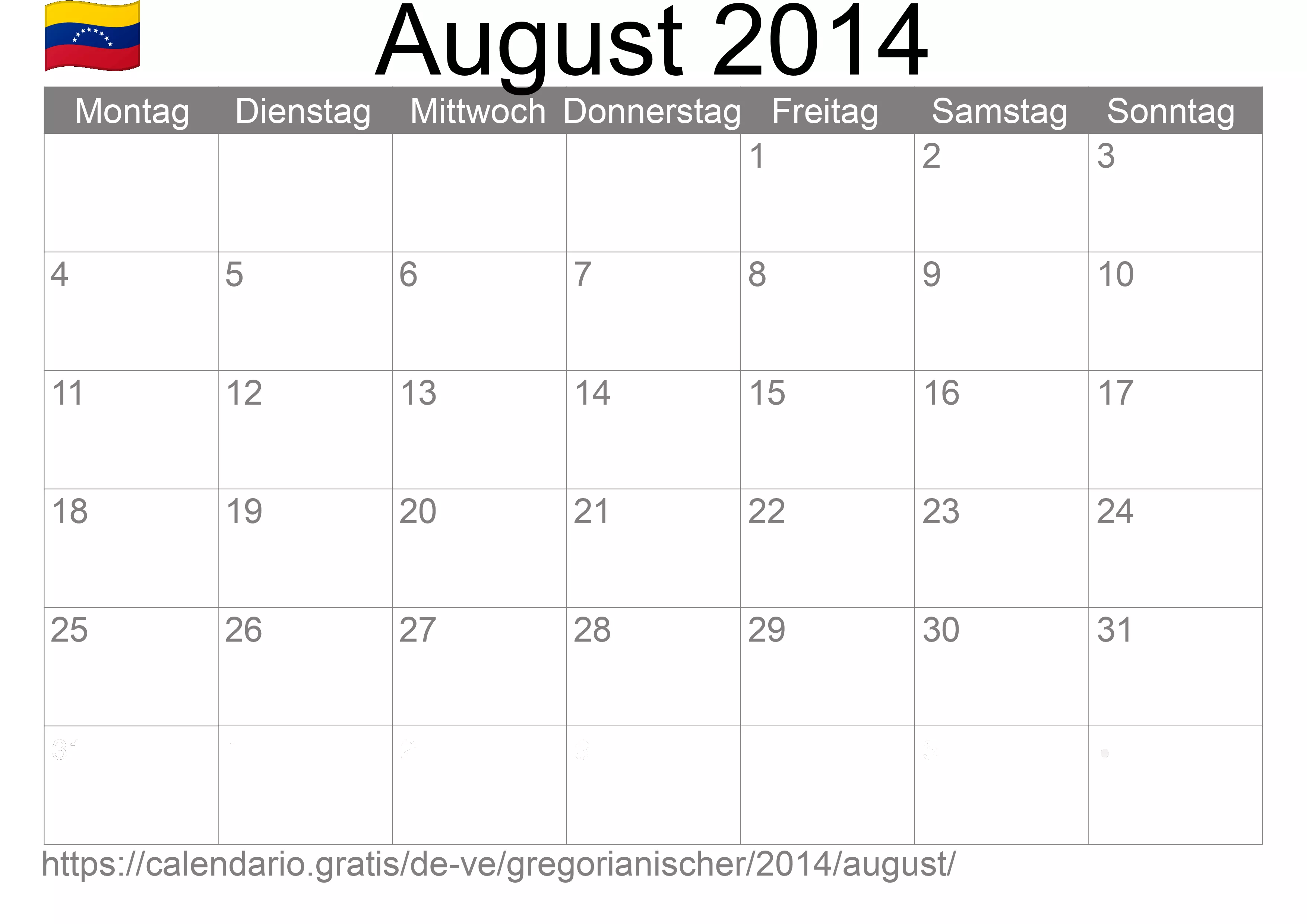 Kalender August 2014 zum Ausdrucken (Venezuela)