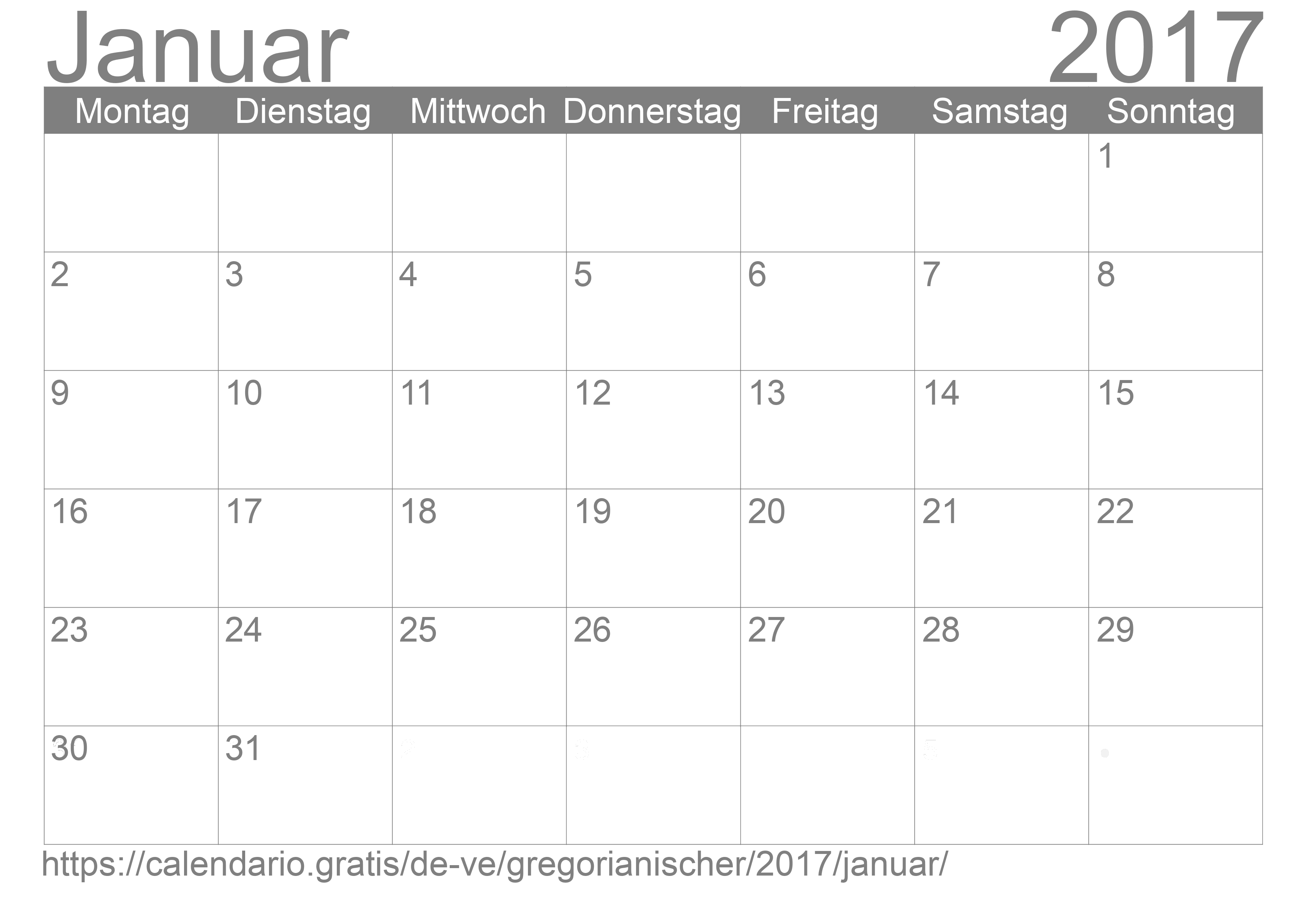 Kalender Januar 2017 zum Ausdrucken