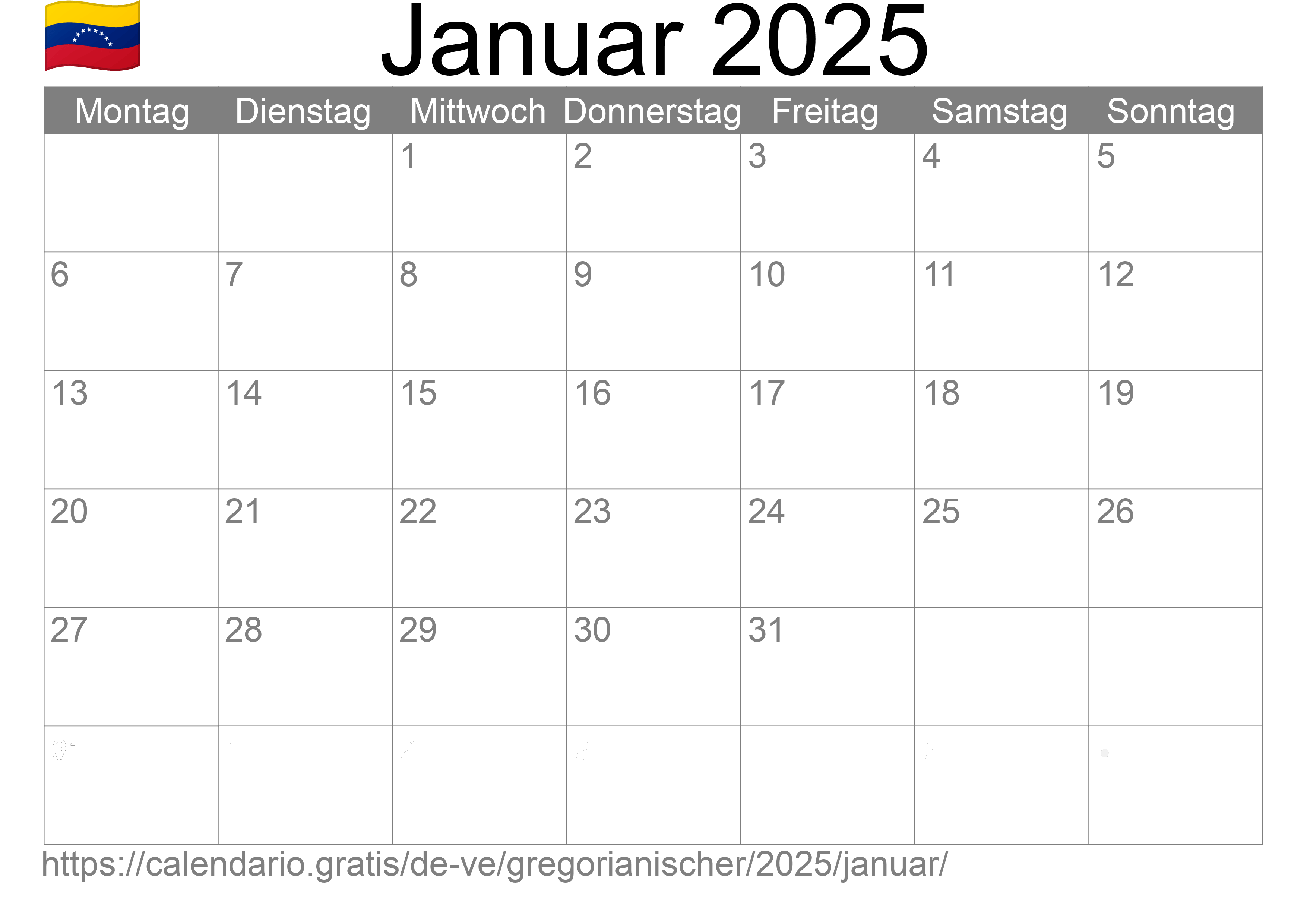 Kalender Januar 2025 zum Ausdrucken