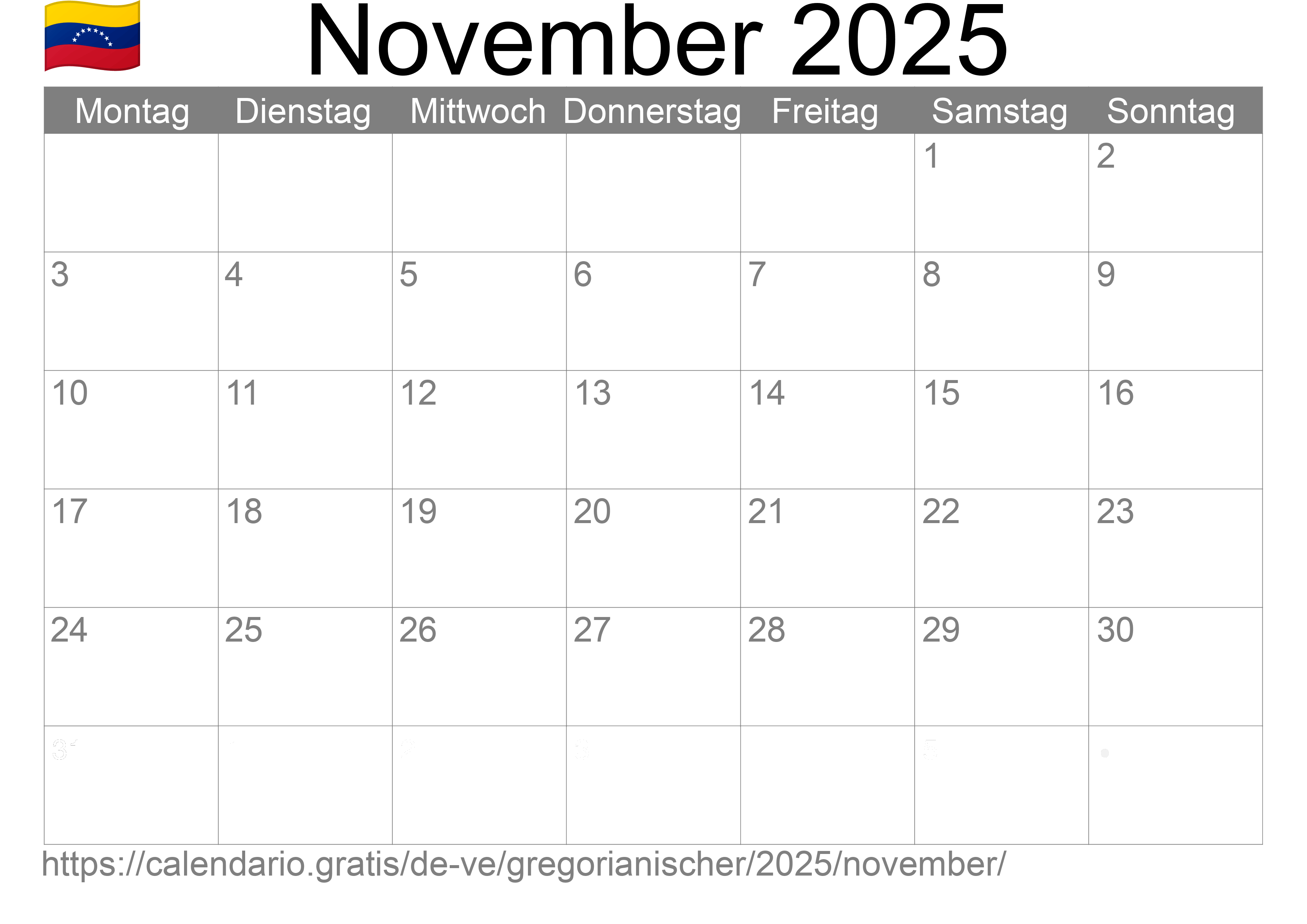 Kalender November 2025 zum Ausdrucken