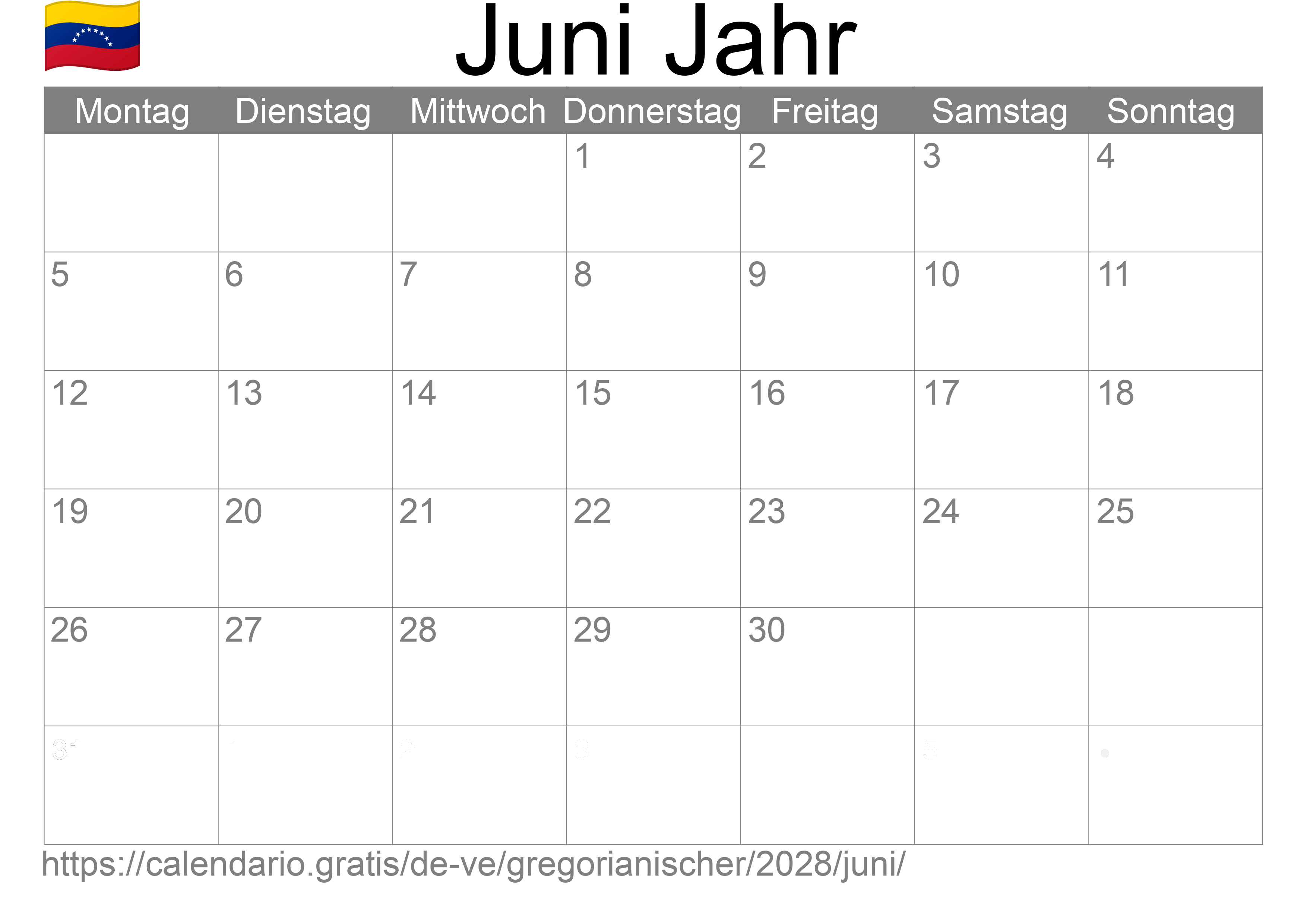 Kalender Juni 2028 zum Ausdrucken