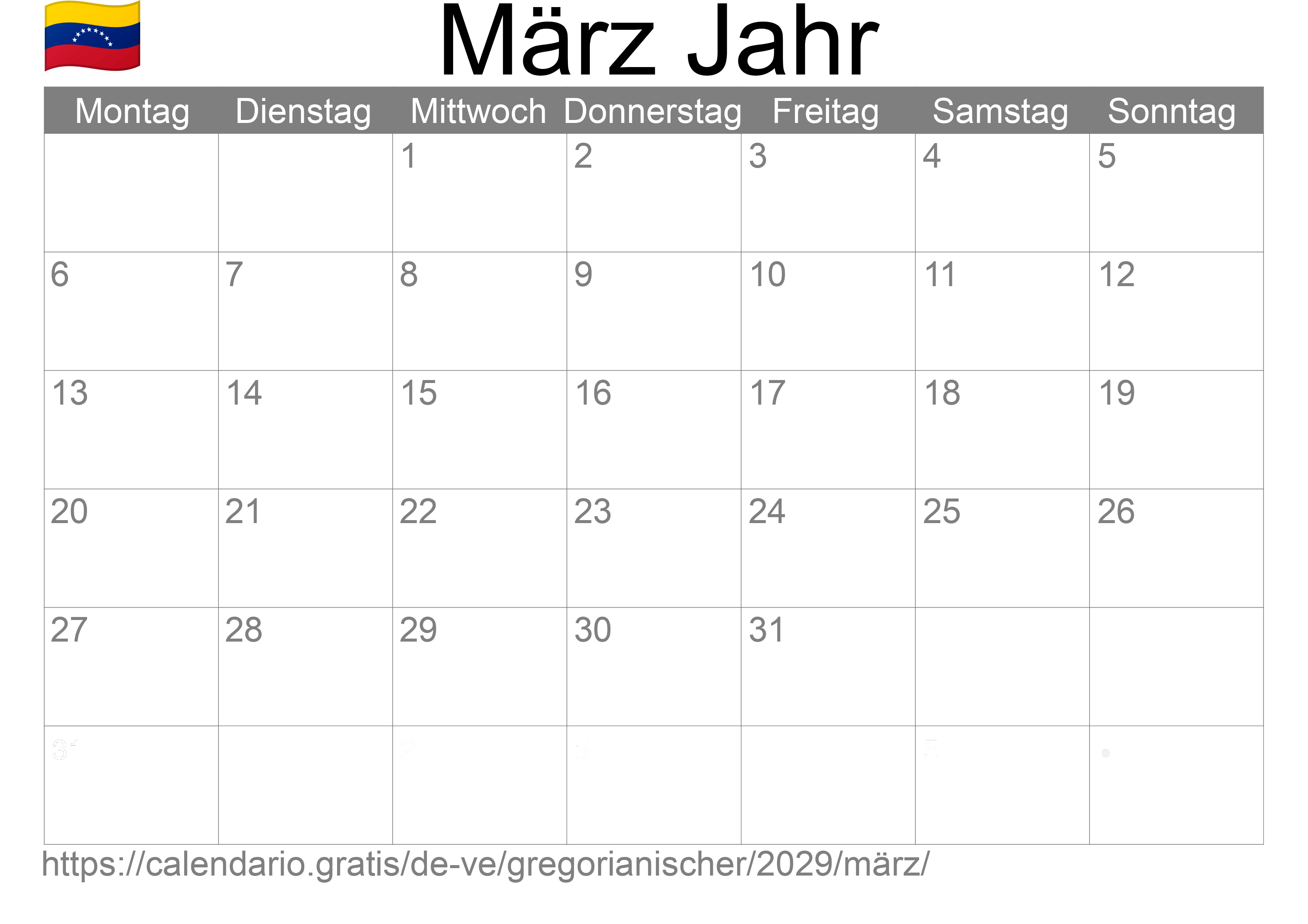 Kalender März 2029 zum Ausdrucken