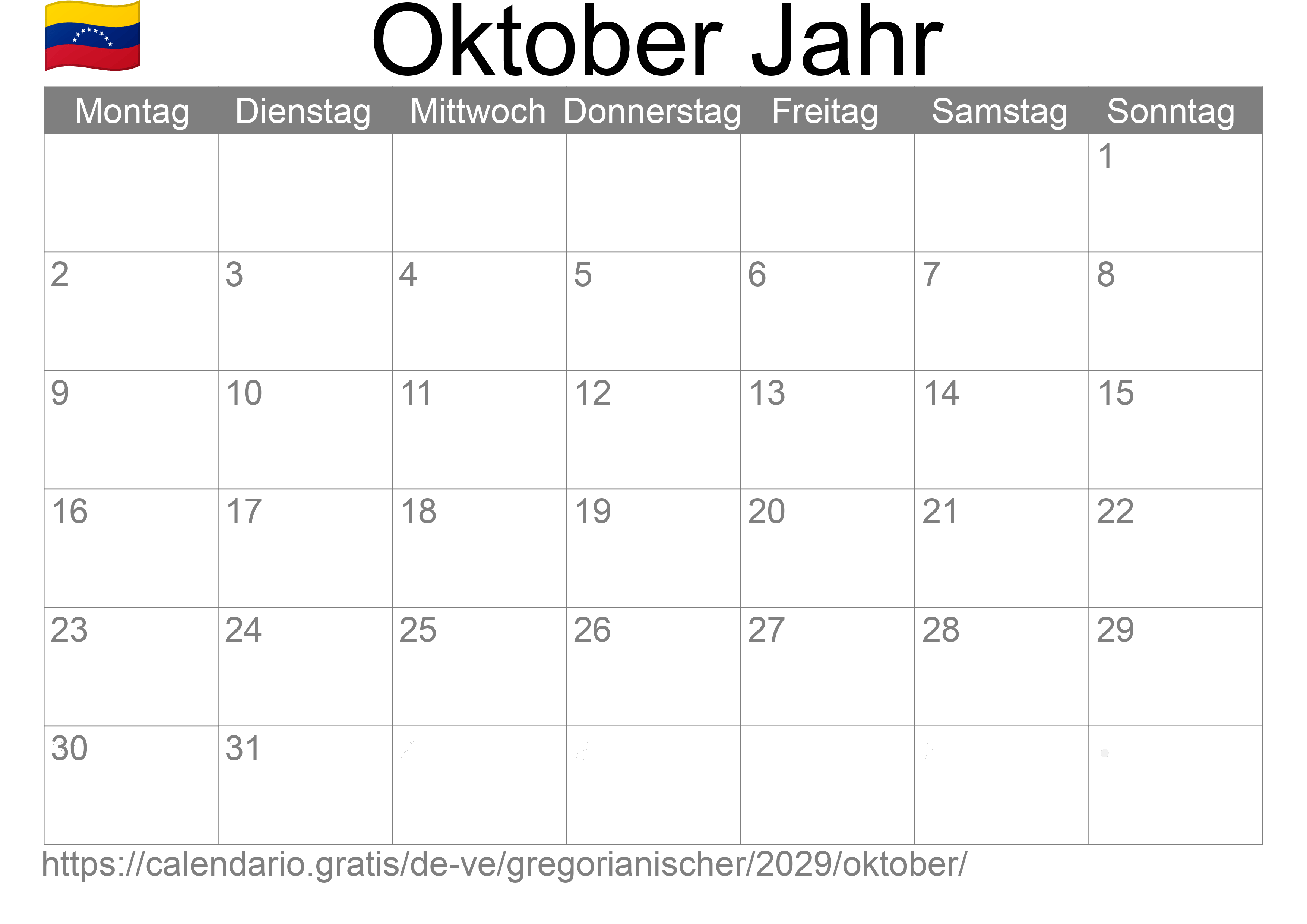 Kalender Oktober 2029 zum Ausdrucken