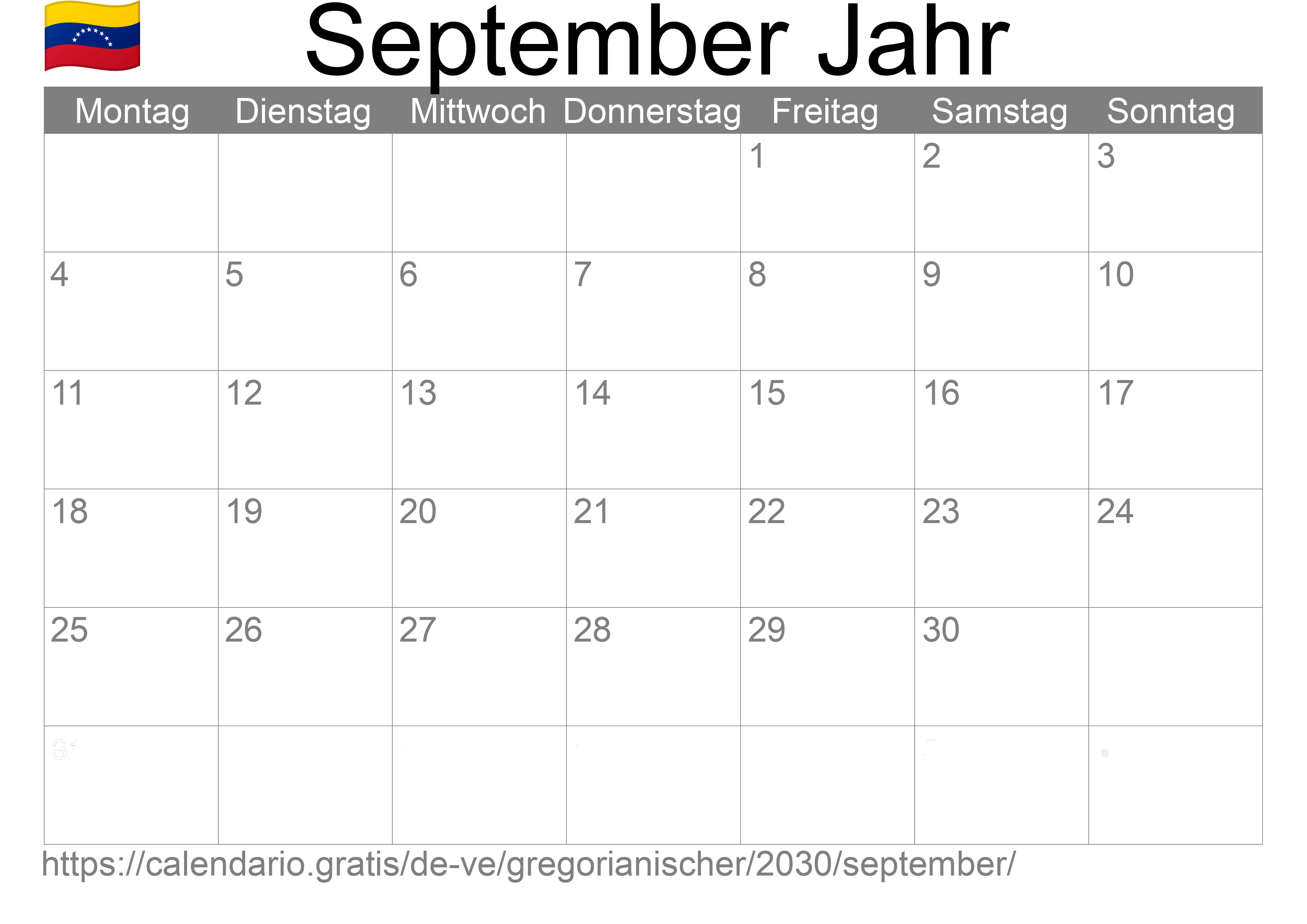 Kalender September 2030 zum Ausdrucken