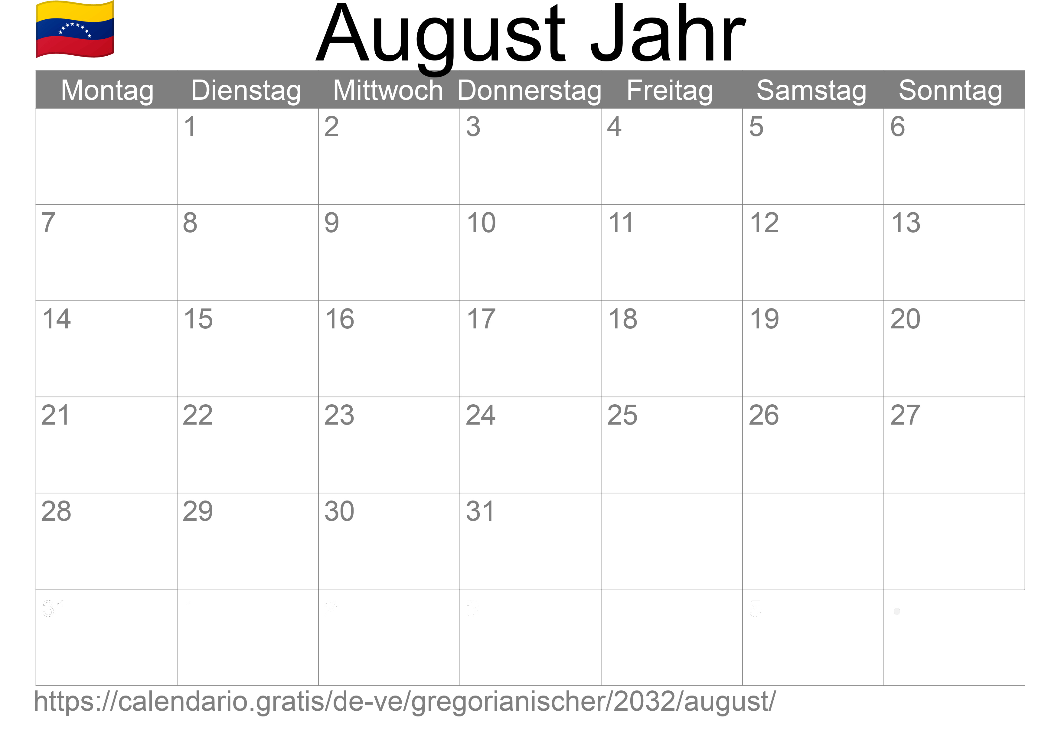 Kalender August 2032 zum Ausdrucken