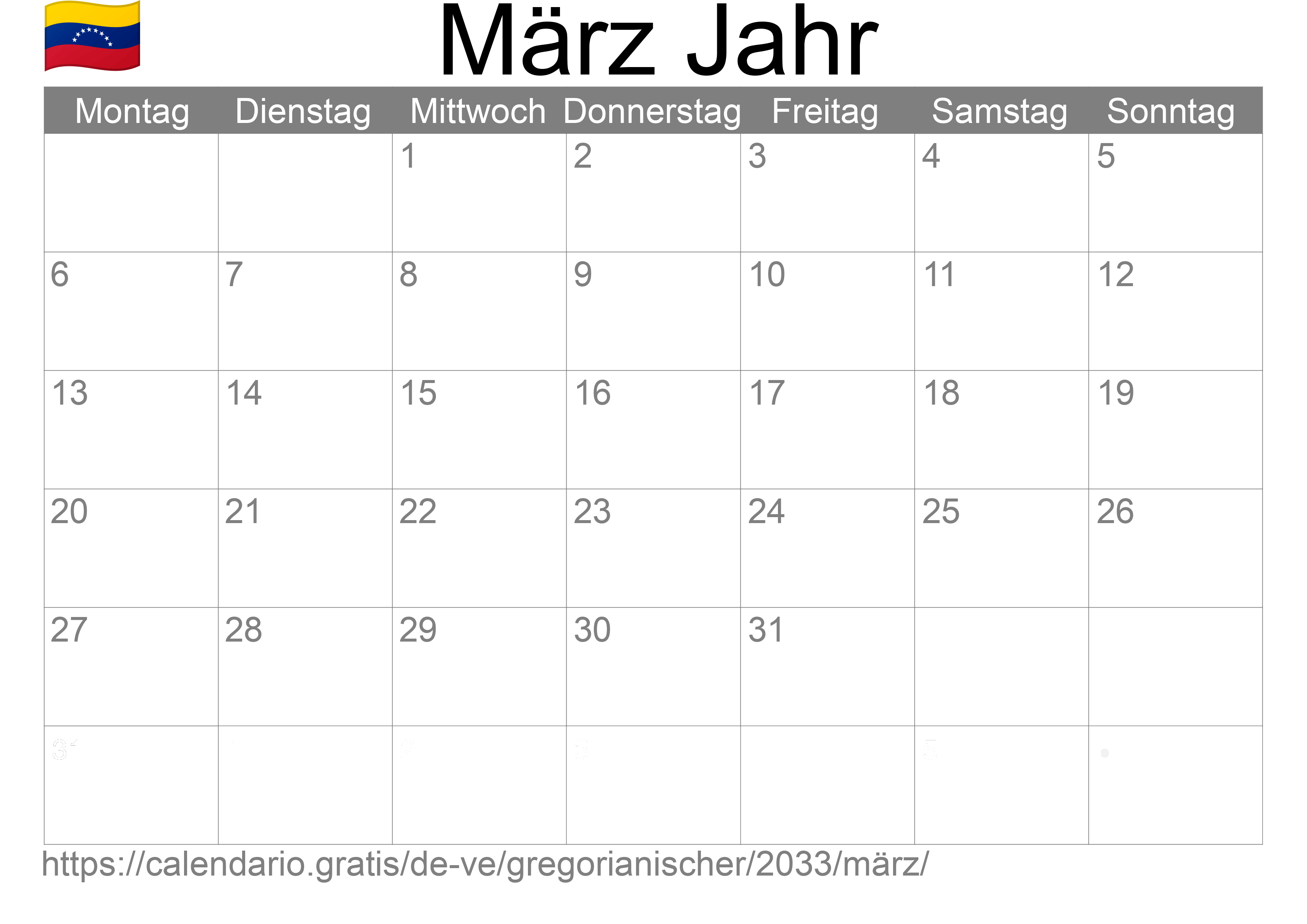 Kalender März 2033 zum Ausdrucken