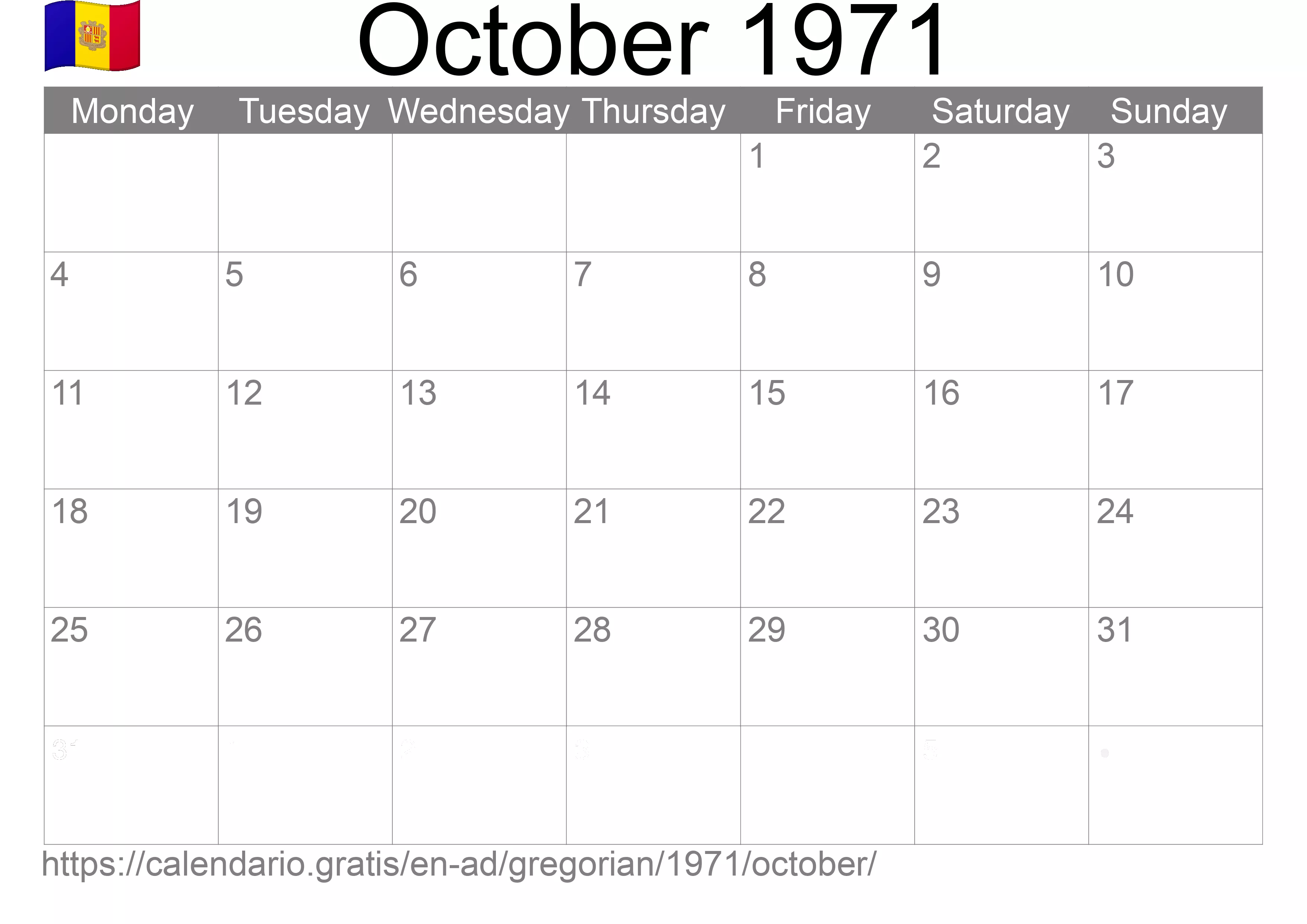 Calendar October 1971 to print (Andorra) Calendar October 1971 to print (Andorra)