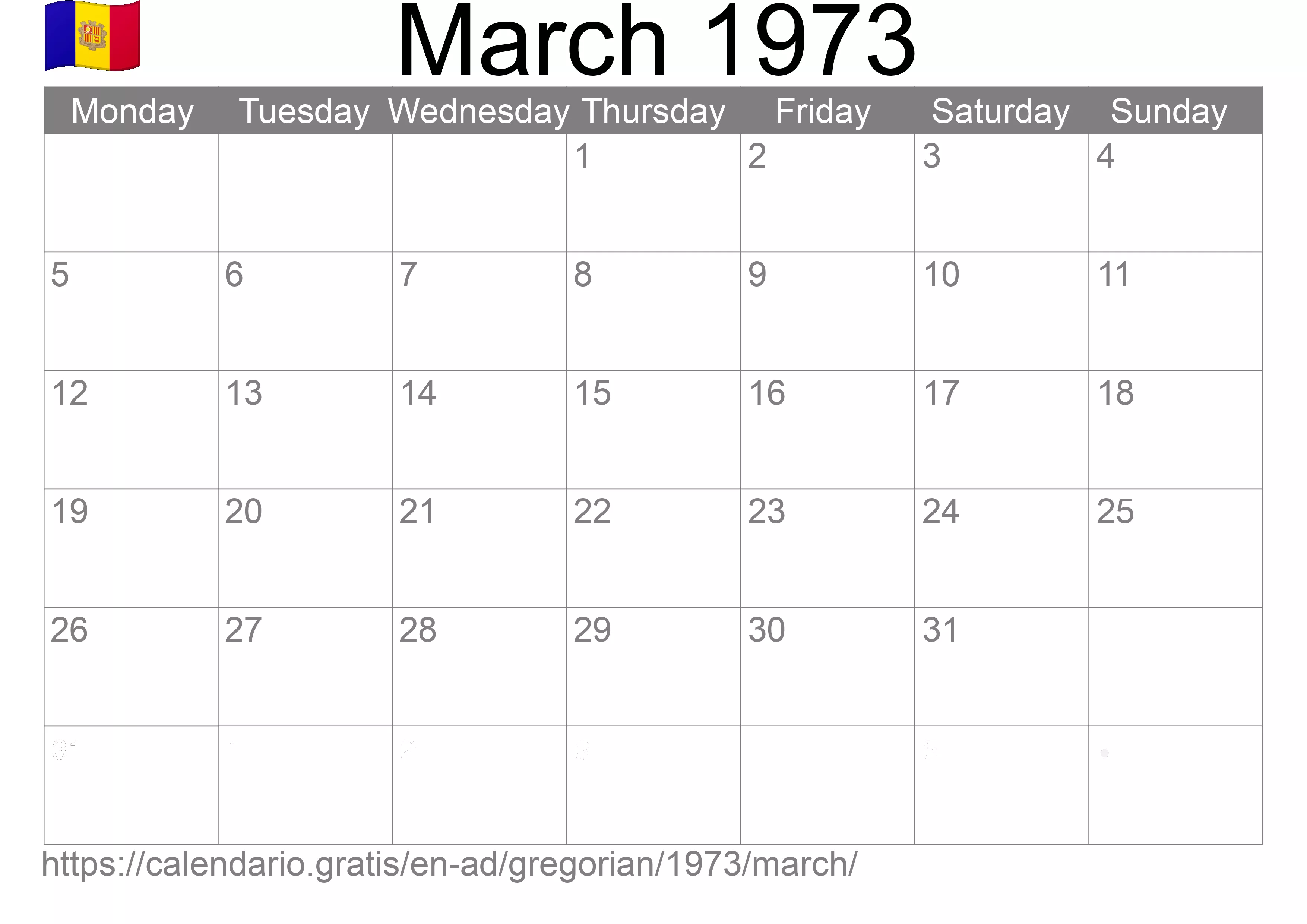 Calendar March 1973 to print (Andorra) Calendar March 1973 to print (Andorra)